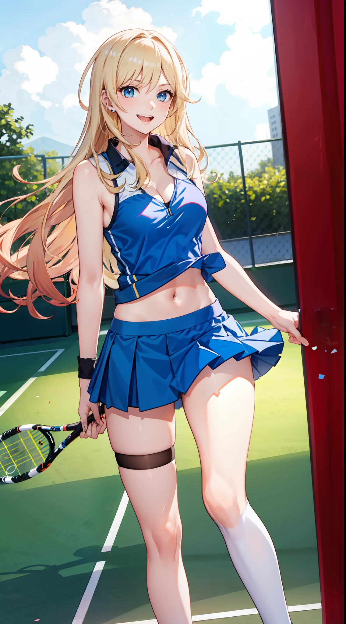 slim legs, laughing, cleavage, short skirt, navel, blue eyes, tennis player, thigh high socks, stand, blonde hair, long hair, short skirt