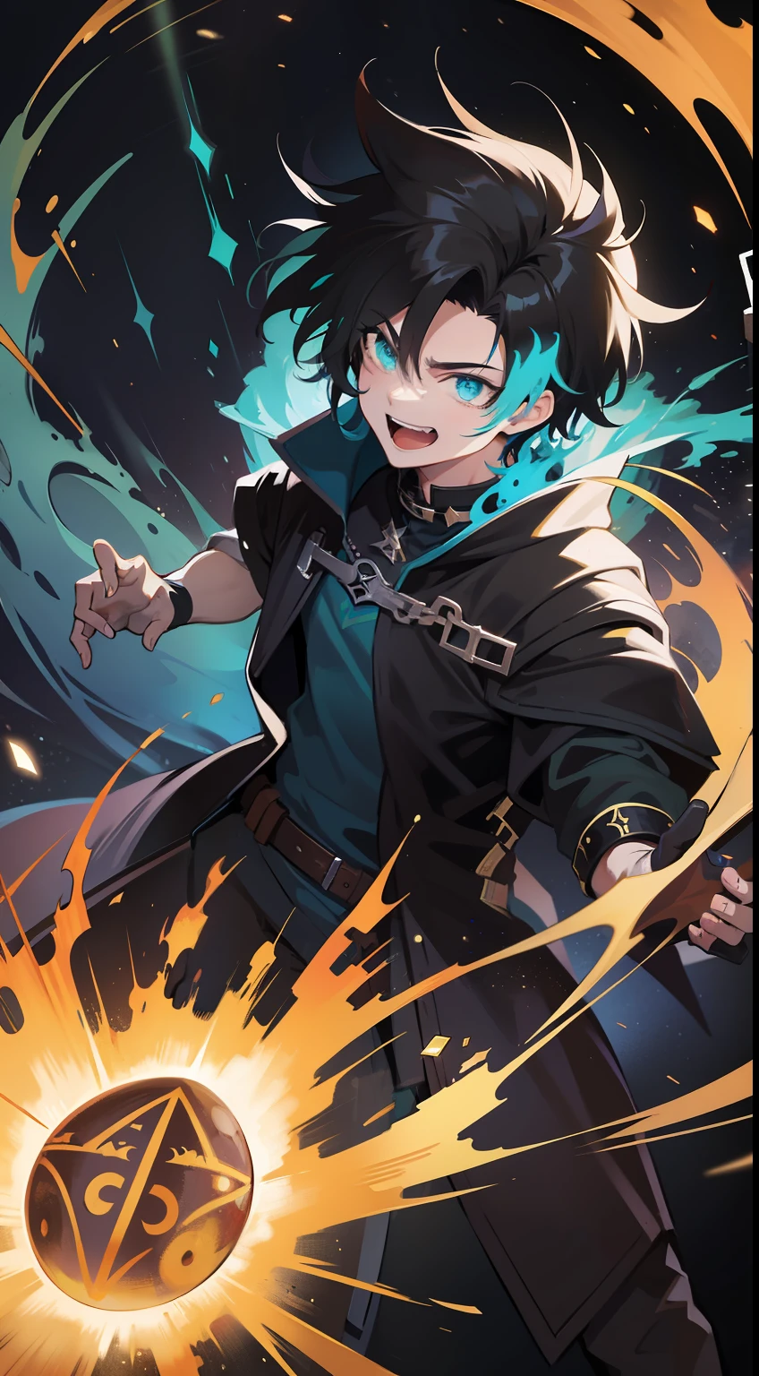 Young guy, Short black hair, Cyan eyes, The Dark Wizard's Revealed Mantle, Green Fire, Tatoo, Runes, combat stance, Crazy laughter, Masterpiece, hiquality