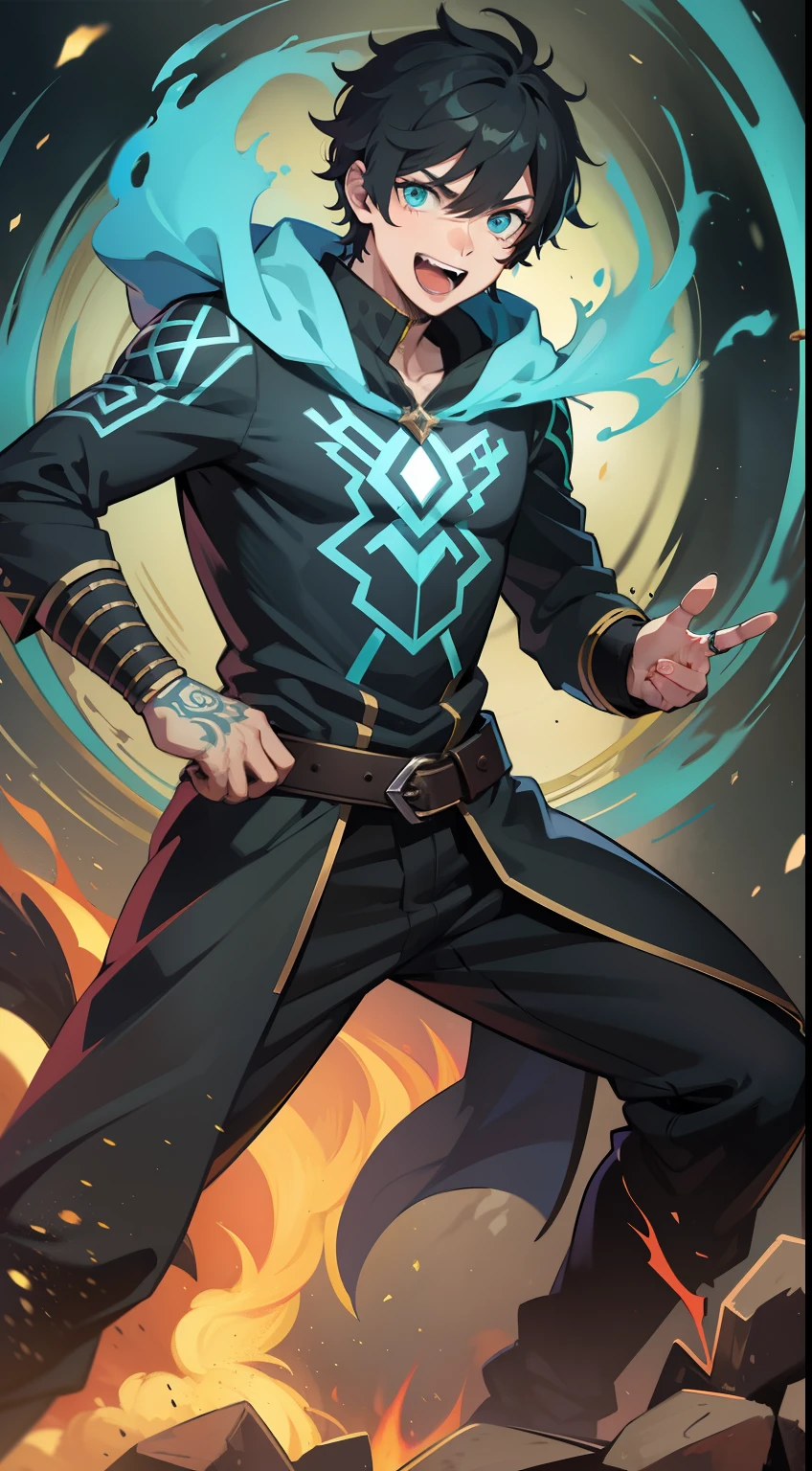 Young guy, Short black hair, Cyan eyes, The Dark Wizard's Revealed Mantle, Green Fire, Tatoo, Runes, combat stance, Crazy laughter, Masterpiece, hiquality