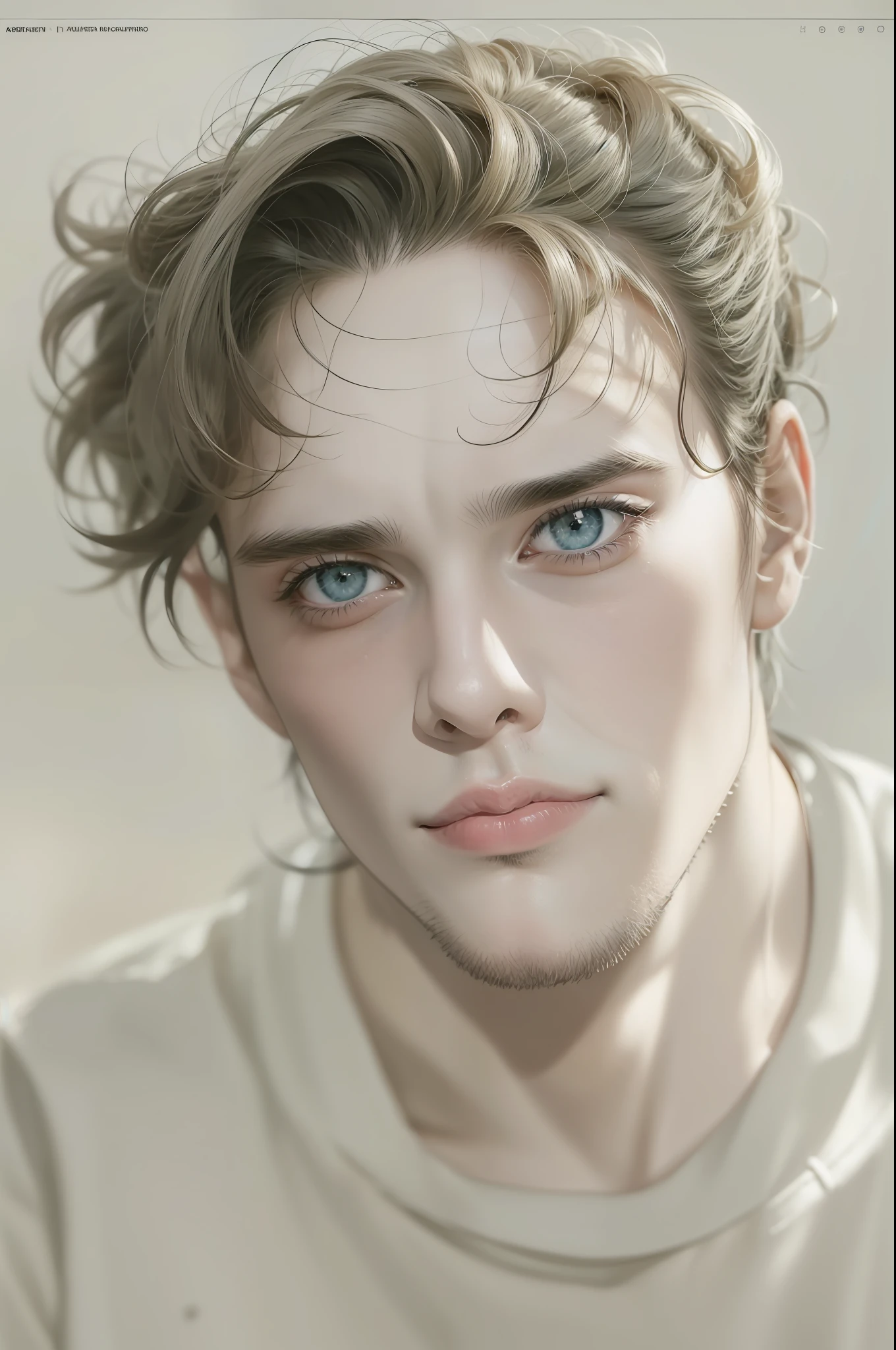 (master part),(melhor qualidade:1.0), (Ultra Highres:1.0), Detailed illustration, 10,  bonito,musculine,T-shirt branca folgada,Senhor Young,Handsome,28 anos,p fina,olhos azuis