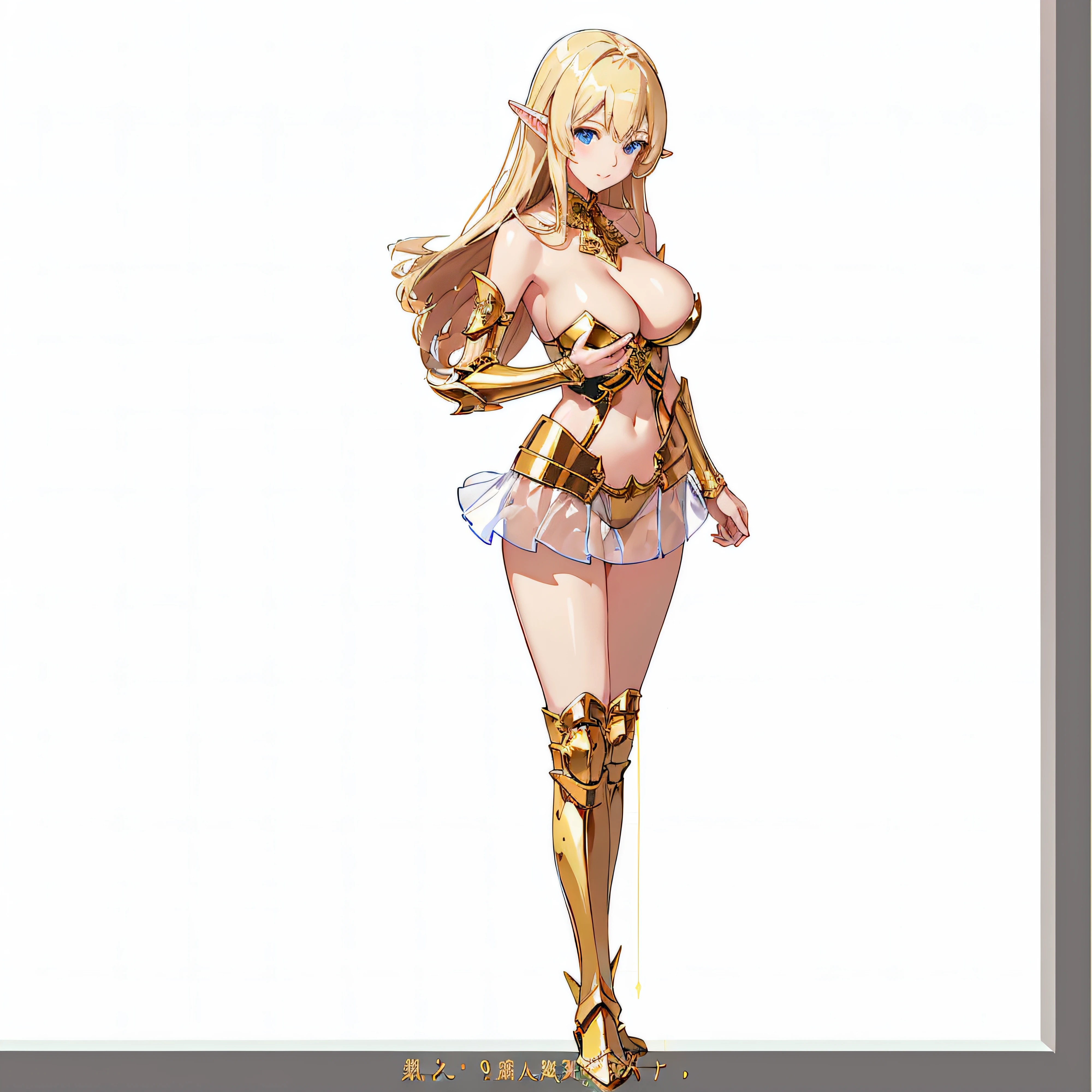 An ultra-high picture quality、White panty、extremely transparent skirts、Very transparent bra、Full body like、A smile、Very slender、Anime girl with blonde hair and gold armor posing naked、anime girl with a very big breast and a very big breast、Elven Girl、anime goddess、Perfect Style、The fleshy feeling of whip、short-hair、a blond、Blue eyes、alluring elf princess knight、Very open chest、oppai proportions、(Exposed seductive attractive cleavage:1.3)、teats、You can almost see the areola、Wet sheer skirt、Ultra-thin skirt、Ecchi anime style、Glittering golden armor、Angel Smile、angelic golden armor、Glamorous bikini armor、Beautiful fingers、Gold hair ornament、Gold bangles、Gold ankles、Gold Long Boots、Girl in armor、Sexy body、Emphasizes cleavage