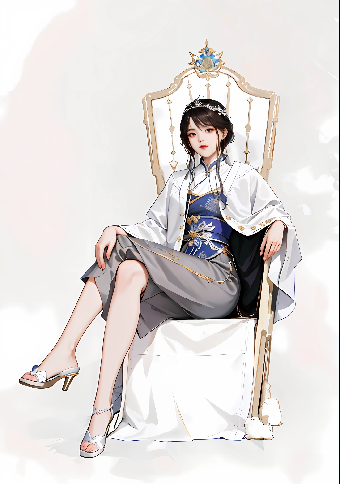 There is a woman sitting on a chair，Wearing a white coat, full-body xianxia, by Yang J, sitting on her throne, highly detailed exquisite fanart, Guviz, royal elegant pose, on her throne, Guviz-style artwork, author：Zhou Fang, guweiz masterpiece, Sitting on a throne, ((a beautiful fantasy empress))