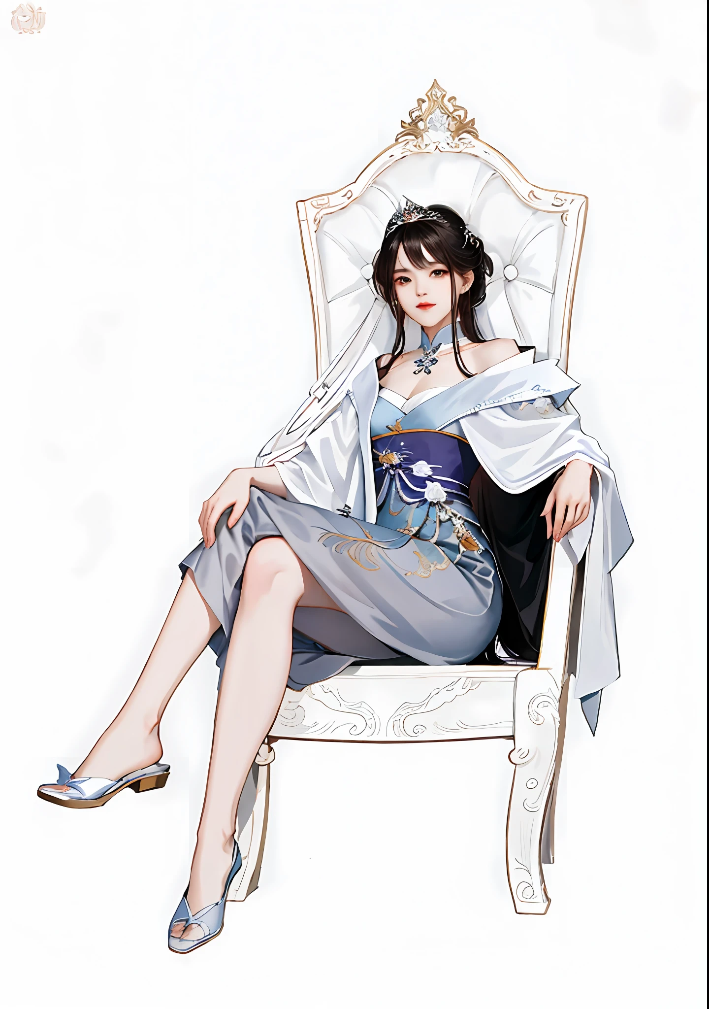 There is a woman sitting on a chair,Wearing a white coat, full-body xianxia, by Yang J, sitting on her throne, highly detailed exquisite fanart, Guviz, royal elegant pose, on her throne, Guviz-style artwork, author:Zhou Fang, guweiz masterpiece, Sitting on a throne, ((a beautiful fantasy empress))