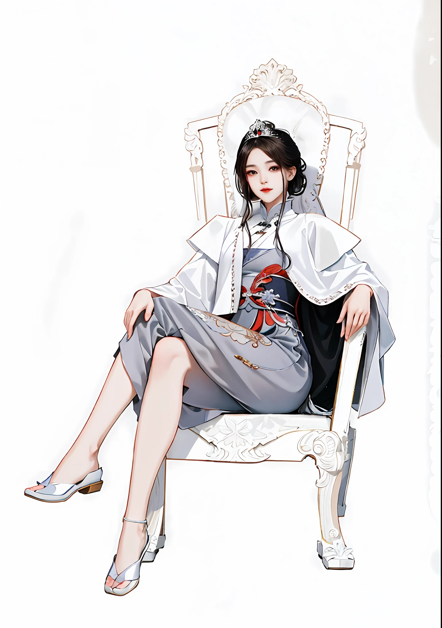 There is a woman sitting on a chair，Wearing a white coat, full-body xianxia, by Yang J, sitting on her throne, highly detailed exquisite fanart, Guviz, royal elegant pose, on her throne, Guviz-style artwork, author：Zhou Fang, guweiz masterpiece, Sitting on a throne, ((a beautiful fantasy empress))