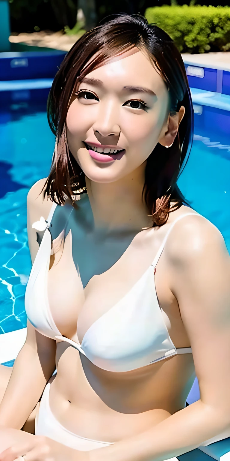 top-quality、ighly detailed、​masterpiece、ultra-detailliert、illustratio、超A high resolution、(Photorealsitic:1.4,8k)、in poolside、1girl in、looking at the viewers、cute little、Bikini swimwear、Smiling、faces、A dark-haired、Clear face、large full breasts、