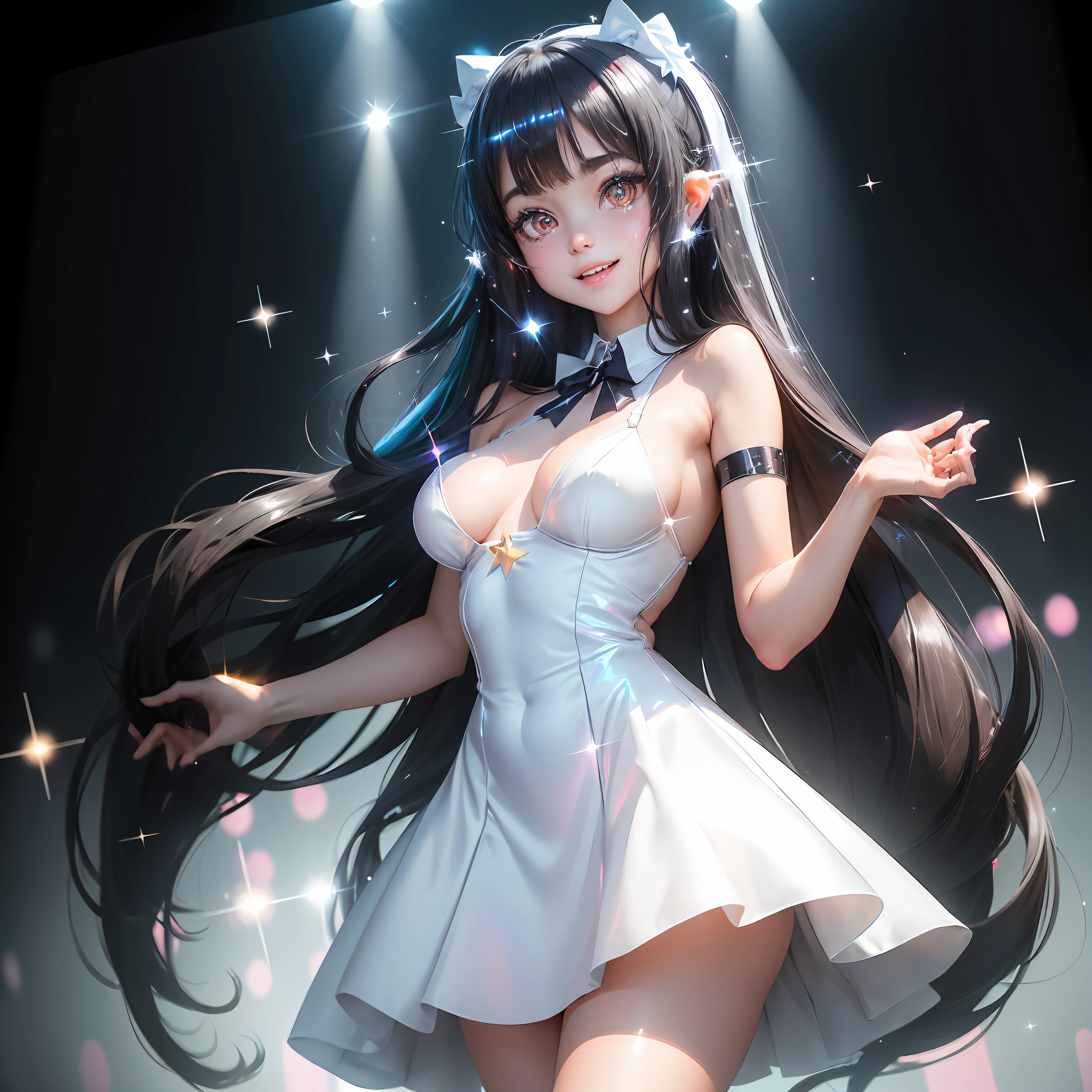 1girl,side tail, black hair, long straight hair, eyes sparkling with star , hair accessory, white ribbon, slender, blushing, grinning, stick out one's tongue,(((pupils sparkling, star-shaped pupils)), more big eyes,(medium breasts),white dress clothes,stage outfit, background, city, blue sky, day, (hologram:1.3) ,
