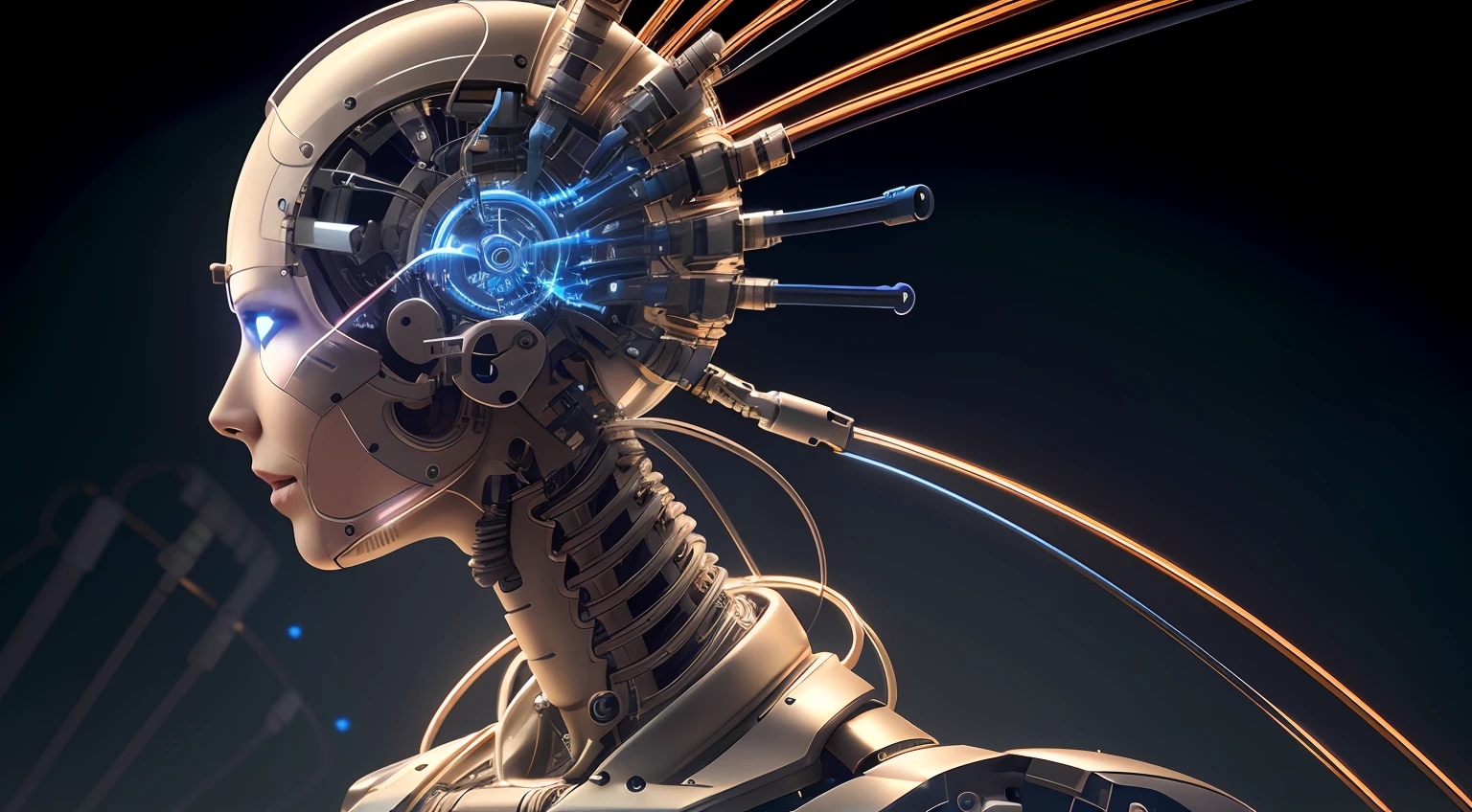 a close up of a robot with a head of wires, intricate transhuman, cybernetic and highly detailed, 3d digital art 4k, cybernetic wallpaper, cyber steampunk 8 k 3 d, cyborg and wire details, intricate artwork. octane render, portrait of a futuristic robot, strong artificial intelligence, wires cybernetic implants, cyberpunk robot