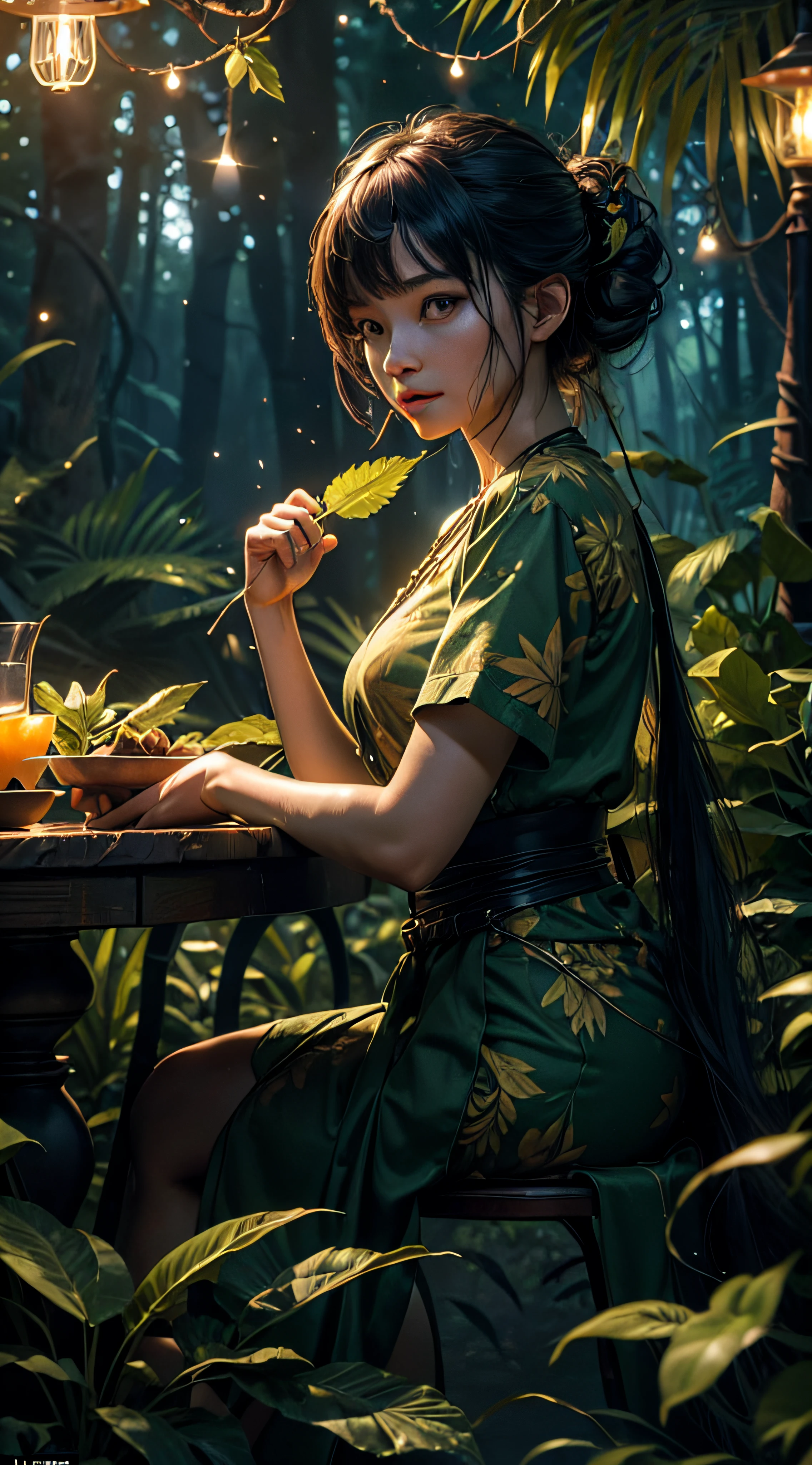 Masterpiece:1.37, best quality, (very detailed CG unity 8k wallpaper), (best quality), (best illustration), (best shadows), glow sprite, with two couples dinner each other, in the swimming pool Drinking water, natural elements in the forest theme. Mysterious forest, beautiful forest, nature, surrounded by flowers, delicate leaves and branches surrounded by fireflies (natural ingredients), (jungle theme), (leaves), (twigs), (fireflies), (particle effects) etc. 3D, Octane rendering, ray tracing, super detailed, high detailed, detailed eyes, detailed face