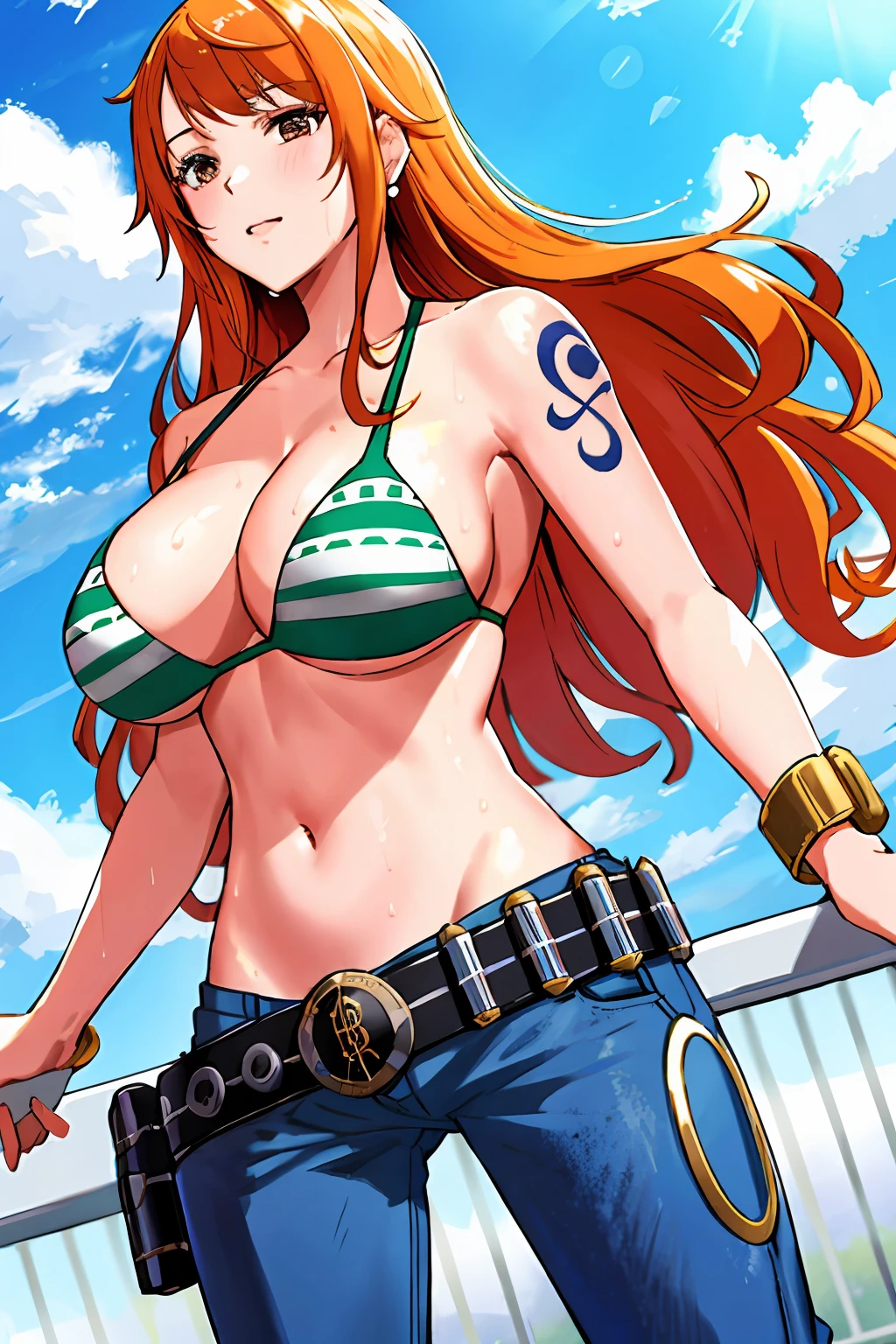 detailed background, masterpiece, 4k, best quality, late youth, adult, wrestler body, 1girl, active, energic, uppercut, (large mouth) , solo, nami \(one piece\), 1girl, bangle, (very wet, drenched in sweat, sweat all over body, very wet hair, tired, taking breath, open mouth, hand on stomach, sweaty face, sweaty body, panting, sweating too much, shiny sweat, sweat stains, leaning, tilting), perfect detailed face, bold drawing lines, muscular arms, detailed bold arm lines, flat jaw, adult woman, wavy wide streaked bangs, floating bang streaks, (big cheeks), bare shoulders, off-shoulders, belt, bikini, bikini top only, blue sky, bracelet, springy breasts, breast lines, big round eyes, plain big brown shiny eyes, bubbles, high eye position, cleavage, cloud, day, denim, earrings, floating hair, shiny hair, green belt, green bikini, bold groin lines, jeans, jewelry, large breasts, log pose, long hair, looking at viewer, navel, wet hair, orange hair, pants, shoulder tattoo, sidelocks, sky, solo, standing, stomach, swimsuit, tattoo , looking at viewer, open mouth, detailed left arm, big forehead, hourglass figure, small head, toned body, wide hair, wind effect, sun effect, under the sun, narrow small ears angle, older, random poses,