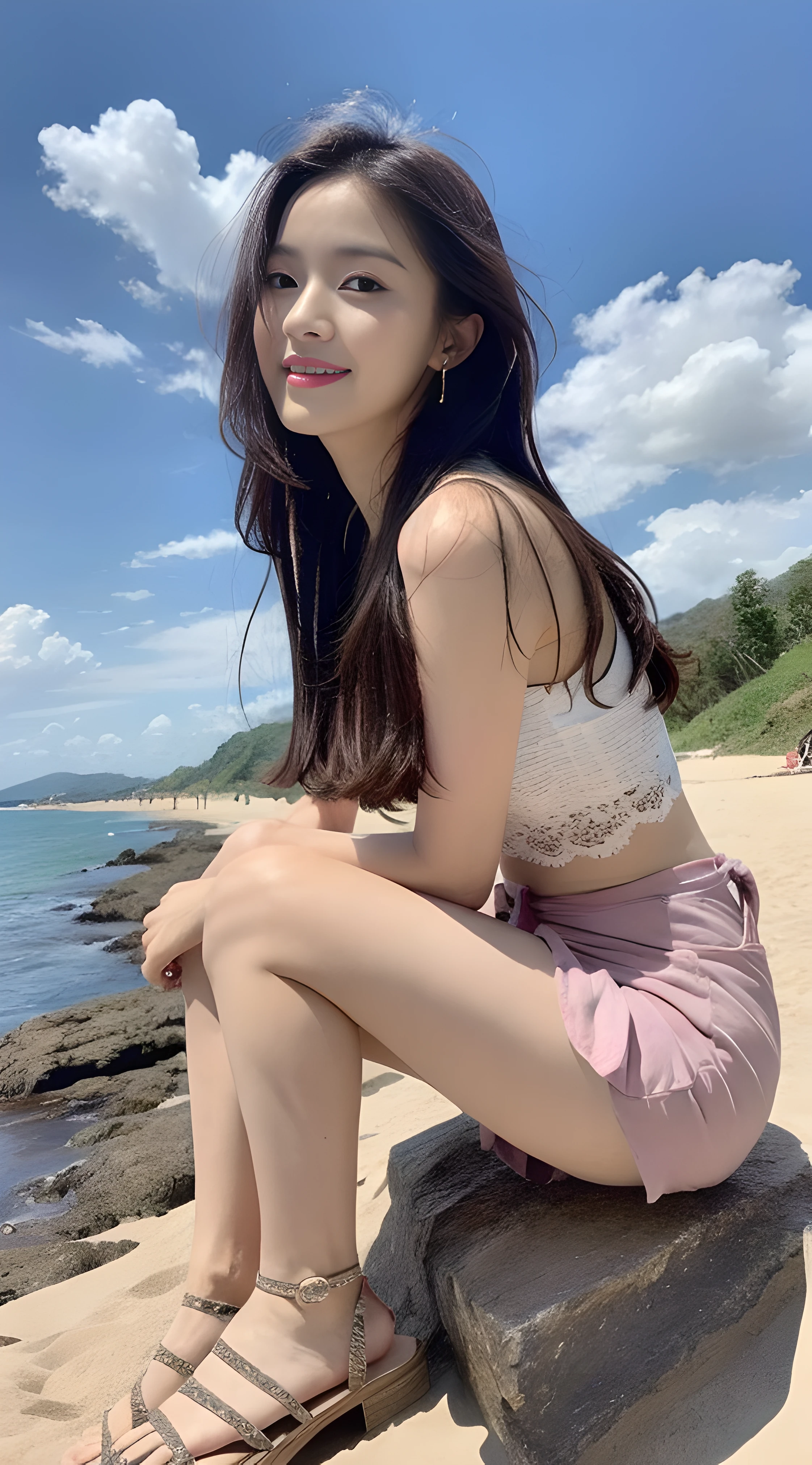 a young, Beautiful cute girl,Full body photo,Extremely beautiful and delicate,Black color hair,A sweet smile,Delicate and beautiful fair skin,Realistic and realistic,exquisite and complete facial features,Detailed depiction of the face,tall nose bridge,Smooth hair,extremely detail hair,Feminine temperament,Tall and tall,Thin,Realiy,White teeth,Tied up with hair,Hyper-realism,sandals,full body shot shot,Extreme picture quality,Highest precision,Precise and perfect human anatomy。with blue sky and white clouds,with blue sky and white clouds,rays of sunshine,Cows, sheeps, (Chiffon skirt)(telephoto shot,)Express the landscape,Highlight portrait。Sitting on the beach by the sea。Wearing earrings