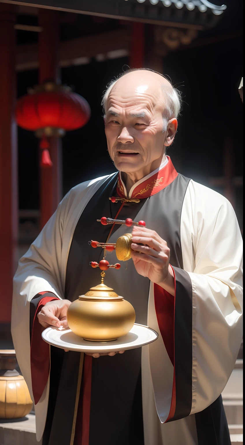 Han Chinese,A balding old man wearing a traditional Chinese cassock,Holding a handful of gold ingots,red colour,jubilation,a cassock,Temple,k hd,真实感,超高分辨率,Prayer beads,Wealth