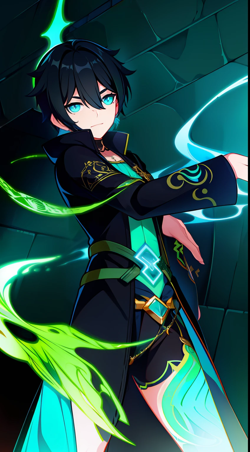 Young guy, short black hair, Cyan eyes, The Dark Wizard's Uncovered Mantle, green fire, Tatoo, Runes, combat stance, Crazy laughter, Masterpiece, hiquality