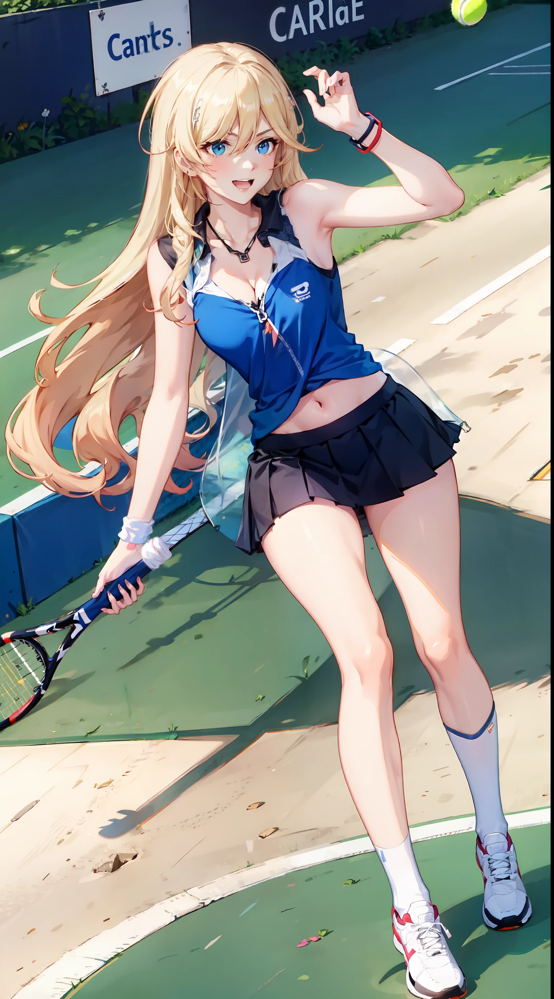 slim legs, laughing, cleavage, short skirt, navel, blue eyes, tennis player, thigh high socks, stand, blonde hair, long hair, short skirt