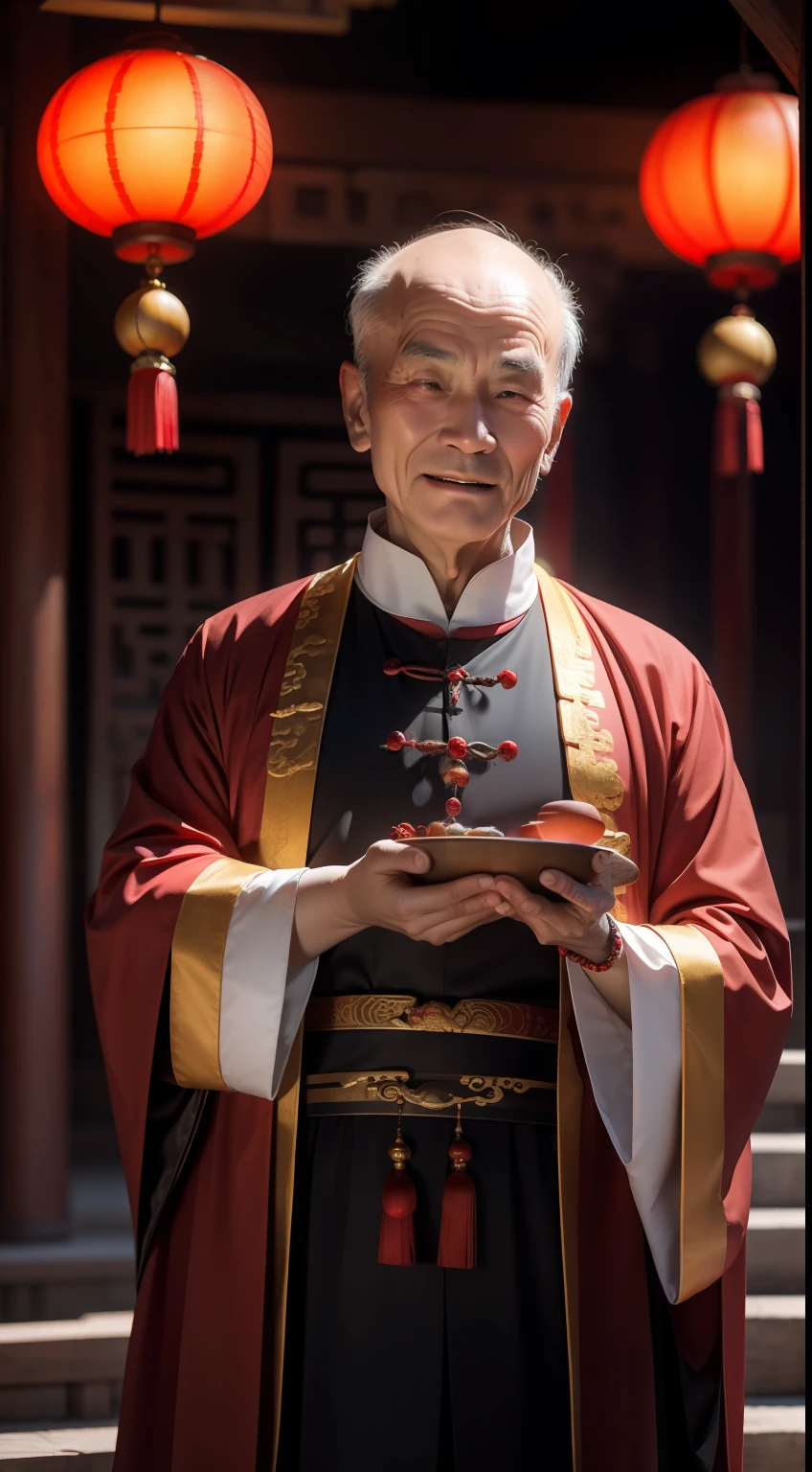 Han Chinese,A balding old man wearing a traditional Chinese cassock,Holding a handful of gold ingots,red colour,jubilation,a cassock,Temple,k hd,真实感,超高分辨率,Prayer beads,Wealth