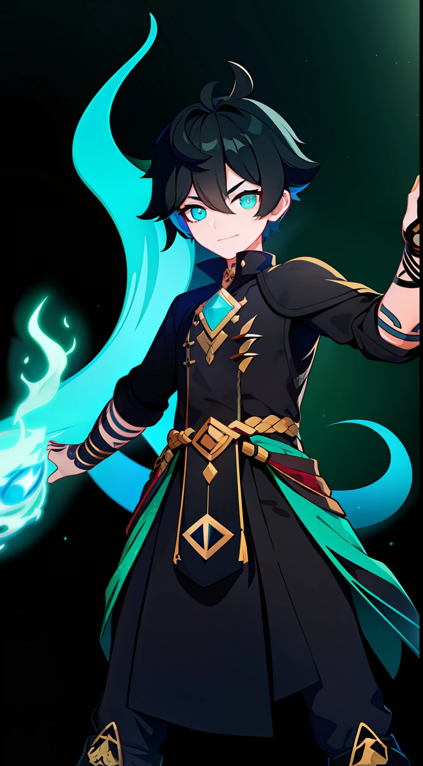 Young guy, short black hair, Cyan eyes, The Dark Wizard's Uncovered Mantle, green fire, Tatoo, Runes, combat stance, Crazy laughter, Masterpiece, hiquality