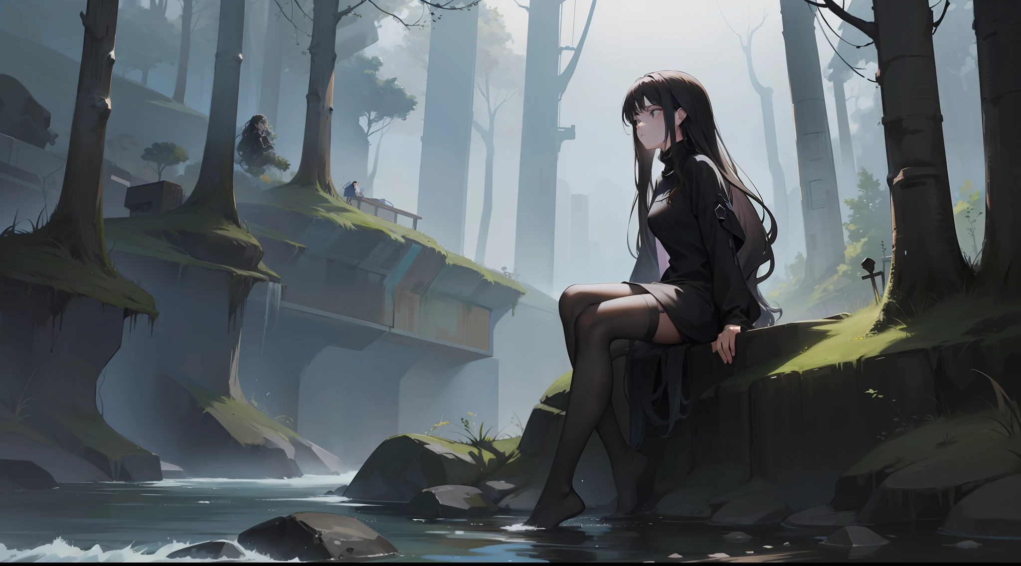 Girl has long wavy hair flowing in the air while she's sitting on a rock in a river looking sad, she wears black turtleneck. a DARK ATMOSPHERE. Depressed river FULL OF TREES