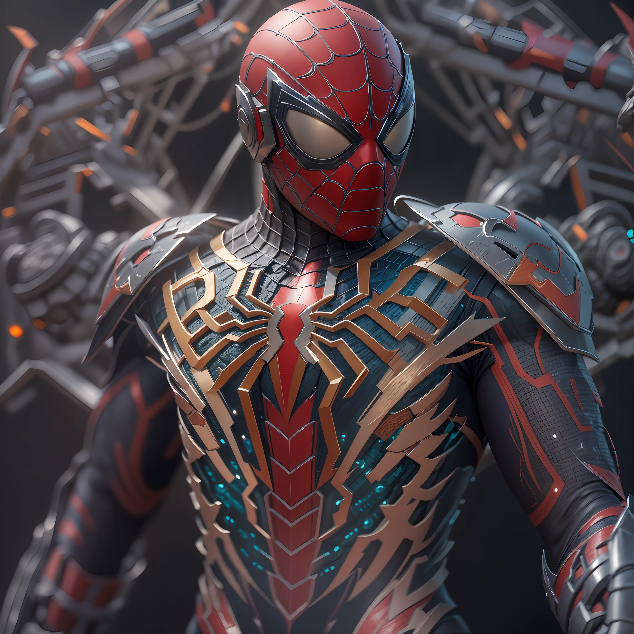 3D rendering of a [Spider-Man| Cyborg] highly detailed using cybernetics and intricate detail armor with armored plates, HDR, 8k, subsurface scattering, specular light, high resolution, octane rendering, ray tracing