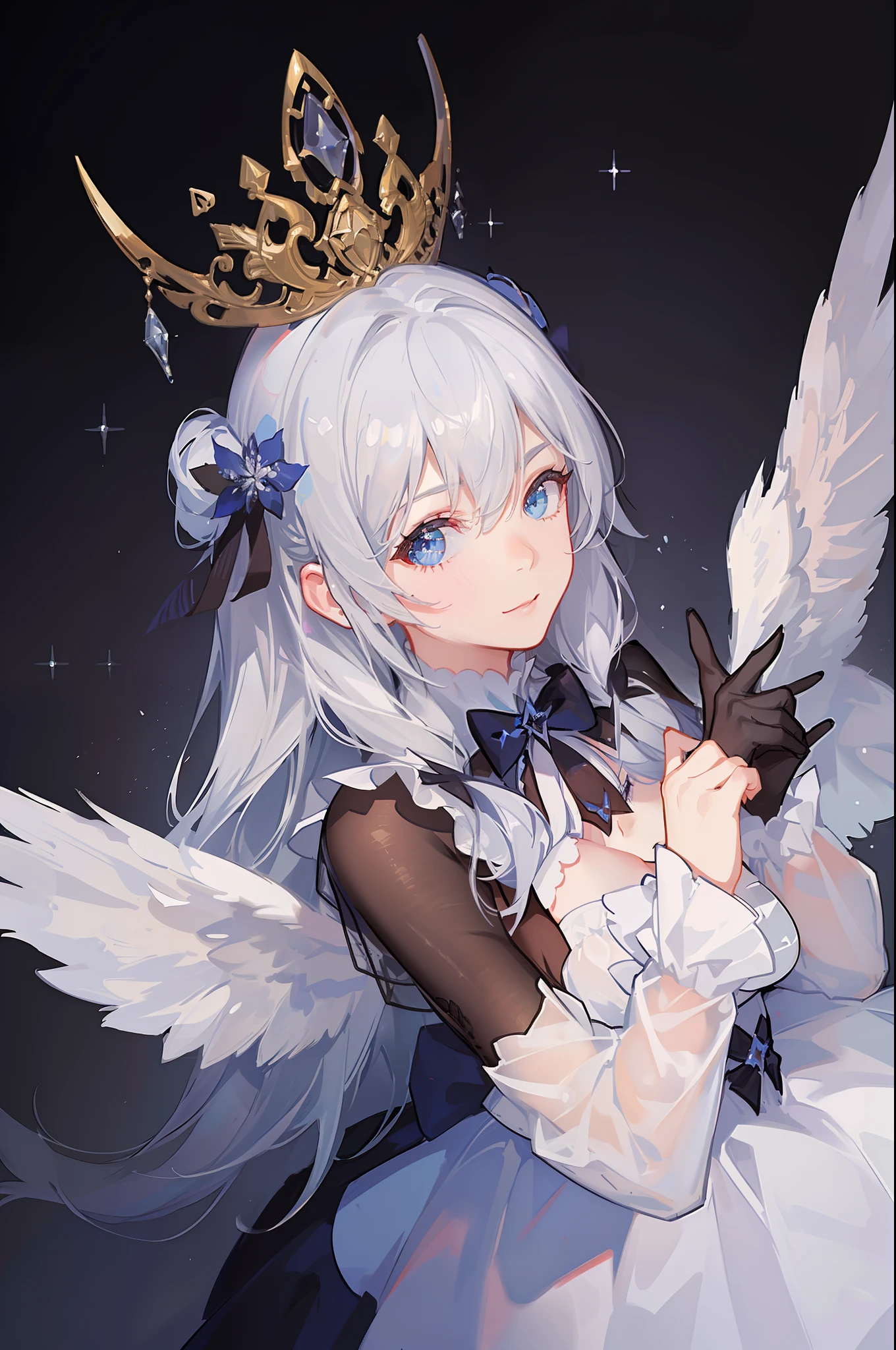 ((Masterpiece, Superb, Super Detailed, High Resolution)), solo, beautiful girl, sparkling eyes, perfect eyes, 15 years old, black and white gold theme,