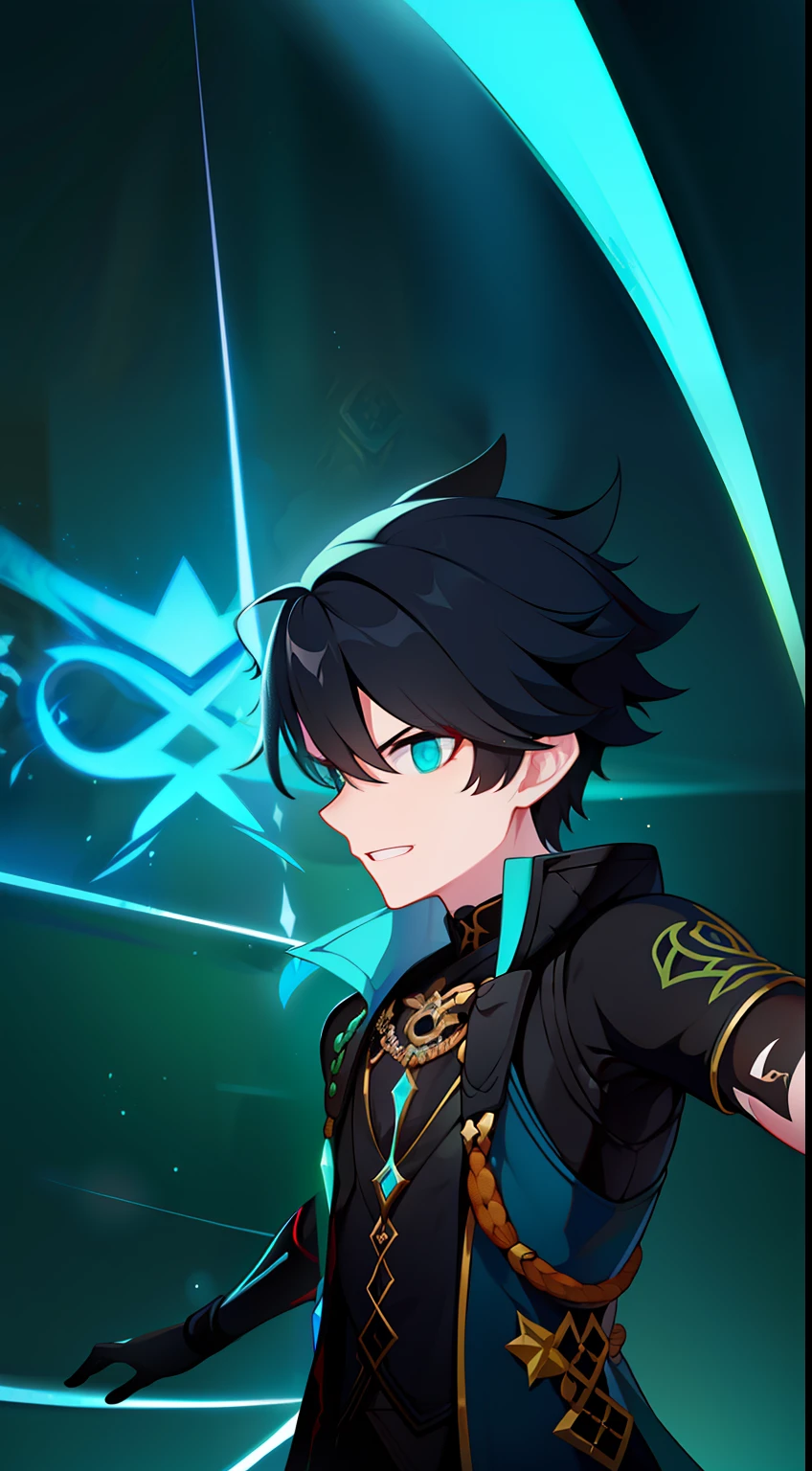 Young guy, short black hair, Cyan eyes, The Dark Wizard's Uncovered Mantle, green fire, Tatoo, Runes, combat stance, Crazy laughter, Masterpiece, hiquality