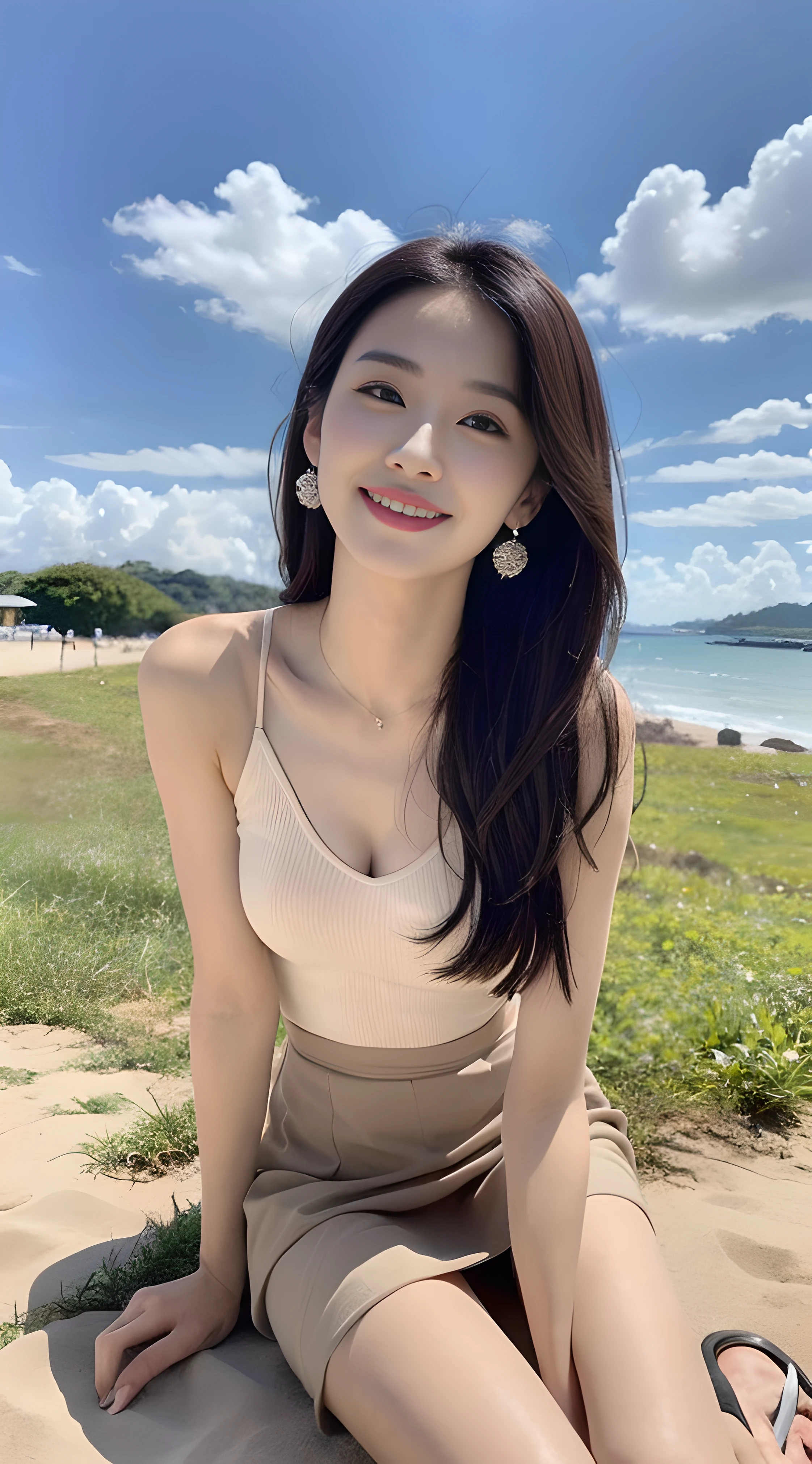 a young, Beautiful cute girl,Full body photo,Extremely beautiful and delicate,Black color hair,A sweet smile,Delicate and beautiful fair skin,Realistic and realistic,exquisite and complete facial features,Detailed depiction of the face,tall nose bridge,Smooth hair,extremely detail hair,Feminine temperament,Tall and tall,Thin,Realiy,White teeth,Tied up with hair,Hyper-realism,sandals,full body shot shot,Forward tilt angle,Extreme picture quality,Highest precision,Precise and perfect human anatomy。with blue sky and white clouds,with blue sky and white clouds,rays of sunshine,Cows, sheeps, (Chiffon skirt)(telephoto shot,)Express the landscape,Highlight portrait。Sitting on the beach by the sea。Wearing earrings