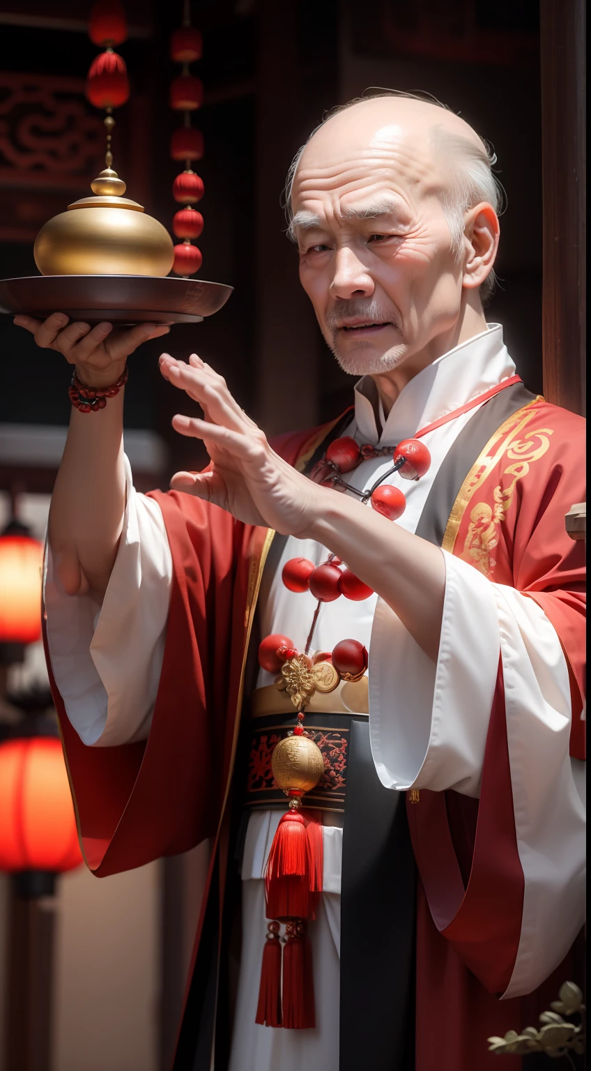 Han Chinese，A balding old man wearing a traditional Chinese cassock，Holding a handful of gold ingots，red colour，jubilation，a cassock，Temple，k hd，真实感，超高分辨率，Prayer beads，fortune，Wealth，