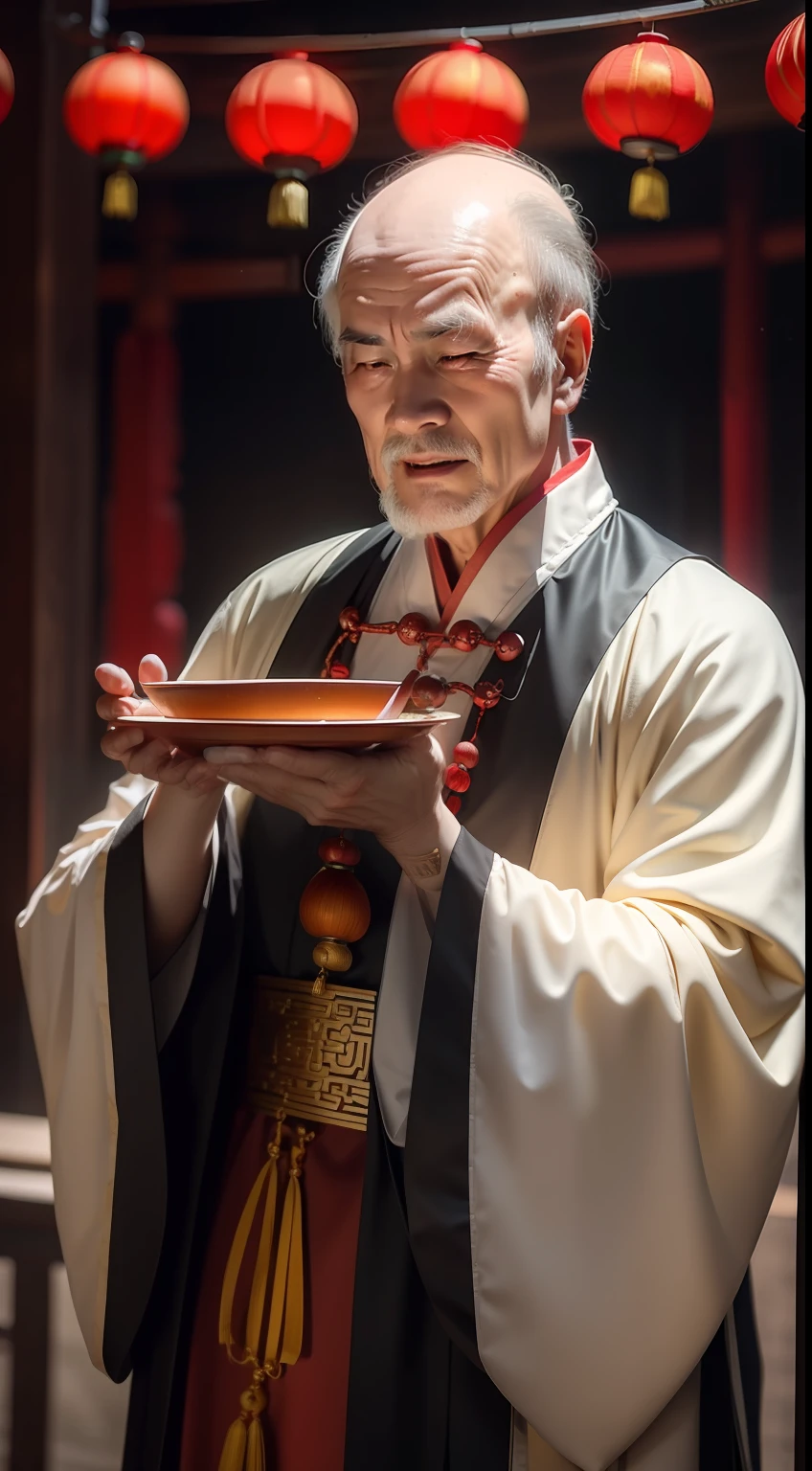 Han Chinese,A balding old man wearing a traditional Chinese cassock,Holding a handful of gold ingots,red colour,jubilation,a cassock,Temple,k hd,真实感,超高分辨率,Prayer beads,fortune,Wealth,