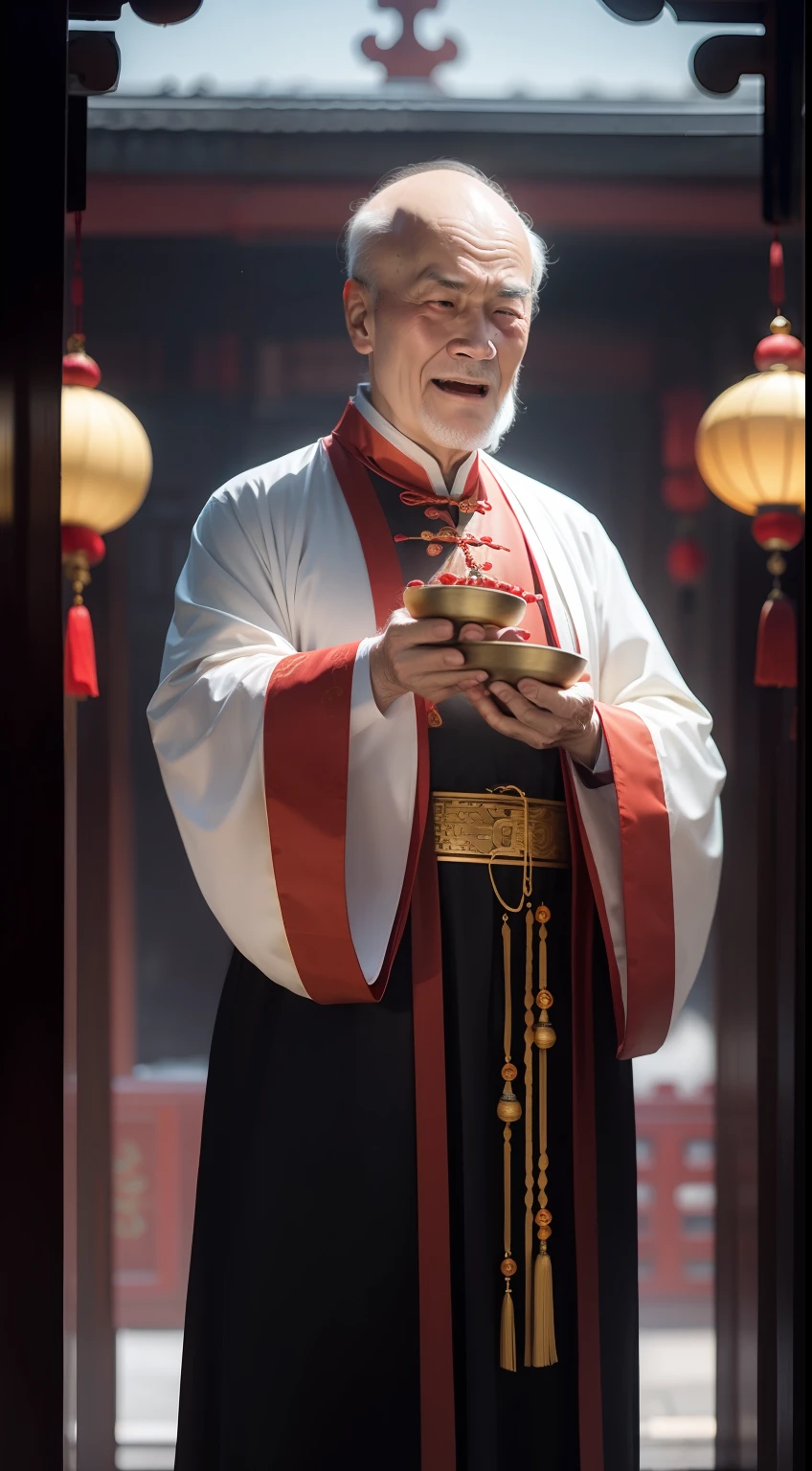 Han Chinese,A balding old man wearing a traditional Chinese cassock,Holding a handful of gold ingots,red colour,jubilation,a cassock,Temple,k hd,真实感,超高分辨率,Prayer beads,fortune,Wealth,