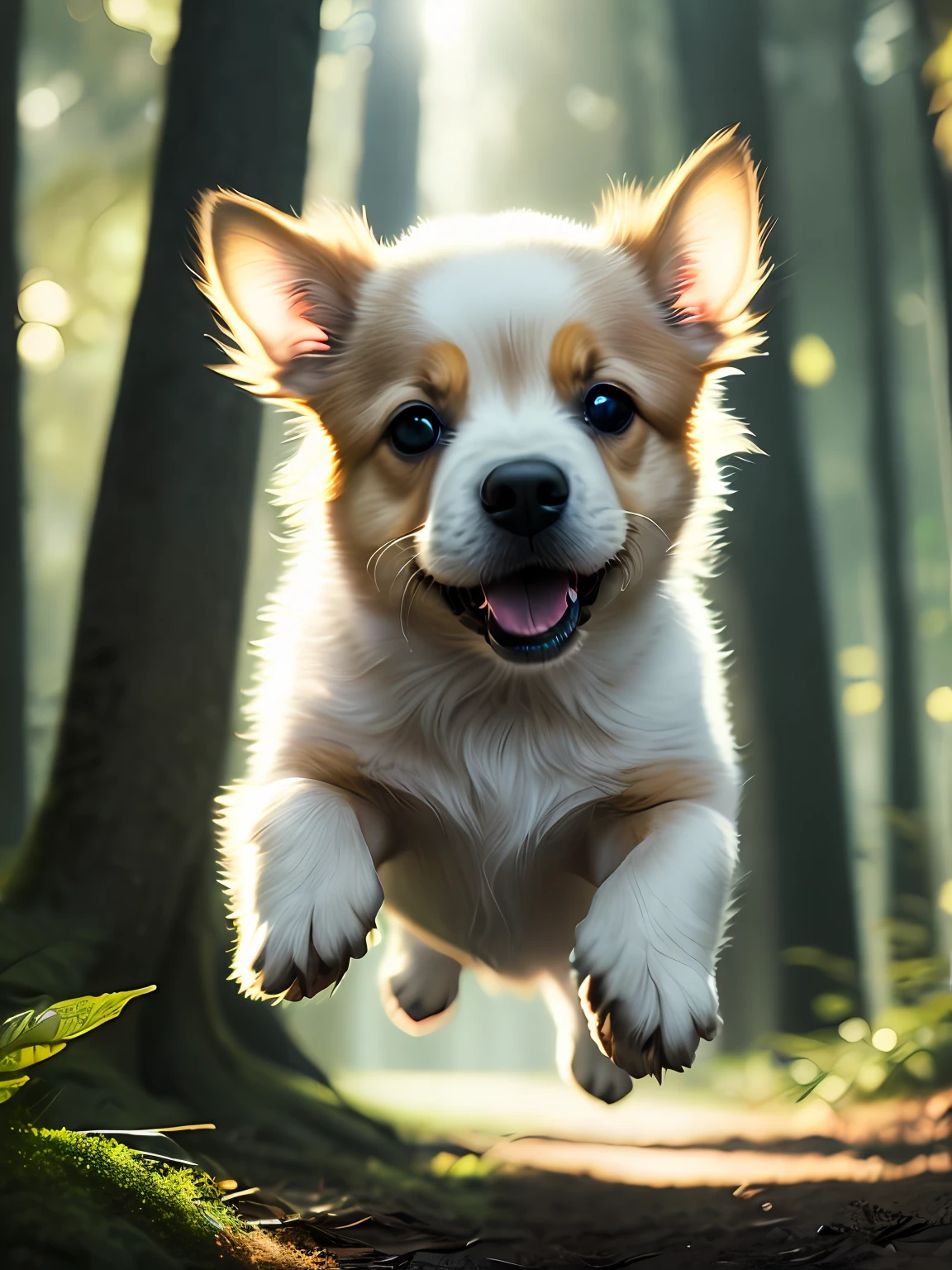 Close-up of a very cute jumping puppy in the forest, soft volumetric light, (backlight: 1.3), (movie: 1.2), intricate details, (ArtStation: 1.3), Rutkowski