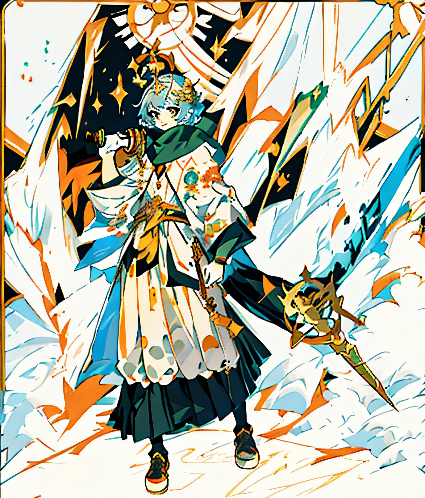 Animation characters and swords and colored backgrounds, animation Abstract art, drawing a woman with a scepter wearing a Taoist element skirt, a clean animation outline, wearing a European style shawl, hanging bottles, jars and a small box on her waist, outline sketch, she holding a scepter, full body angular color drawing, rough outline, plane animation style shadow, animation girl with a scepter and a gold dress, epic wizard girl role, beautiful celestial wizard, Kushat Kerenz's complete portrait of a key art woman, an element theorist, a bottle, a jar, and a card bag with a magic wand, graphic illustrations, animation style art works, animation art works, advanced digital animation art ", key animation art, animation style Digital art, animation style mixed Fujifilm, animation illustration, digital animation illustration, high detail official art works