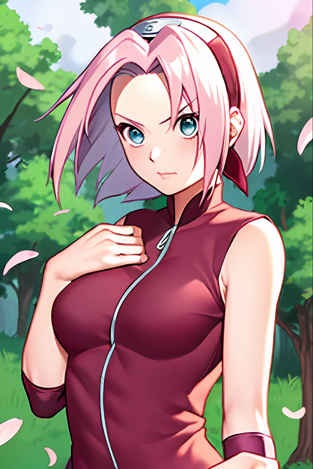 haruno sakura, naruto \(series\), naruto shippuuden, anime art style, masterpiece, 

looking at viewer, upper body, 

fighting pose, clenched hands, closed hands, contracted fingers, arm stretched out, raised fist, about to punch, detailed fist,  focus fist,

red shirt, shirt, short hair, sleeveless, sleeveless shirt, forehead protector, hairband, konohagakure symbol on hairband, 

1girl, solo, bangs, breasts, closed mouth, elbow sleeve, eyes visible through hair, floating hair, foreshortening, green eyes, hair intakes, parted bangs, pink hair, small breasts, v-shaped eyebrows, detailed background, outdoor, cherry blossoms, sky, cloud, wind, day, sunlight, ((large breasts)), ((topless)), (),