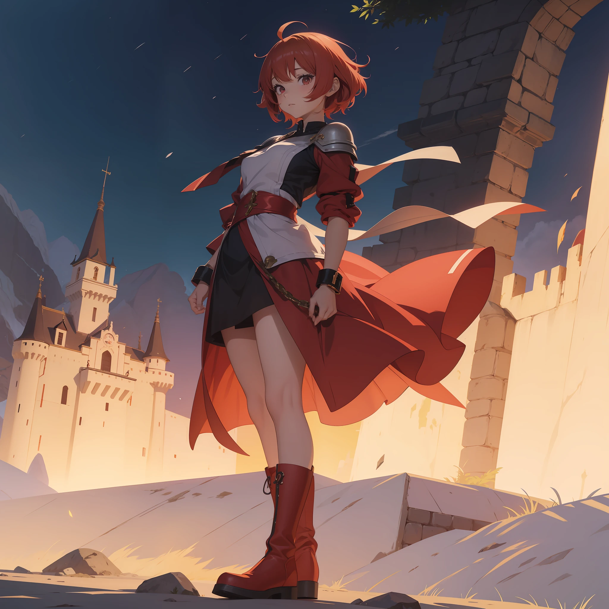 Menina de anime com cabelo vermelho e uma gravata na frente de um castelo, Anime olhar de uma menina bonito, Anime olhar de uma jovem mulher, ela tem cabelos ruivos, armadura, Botas, Pulseiras, corpo inteiro, short hair