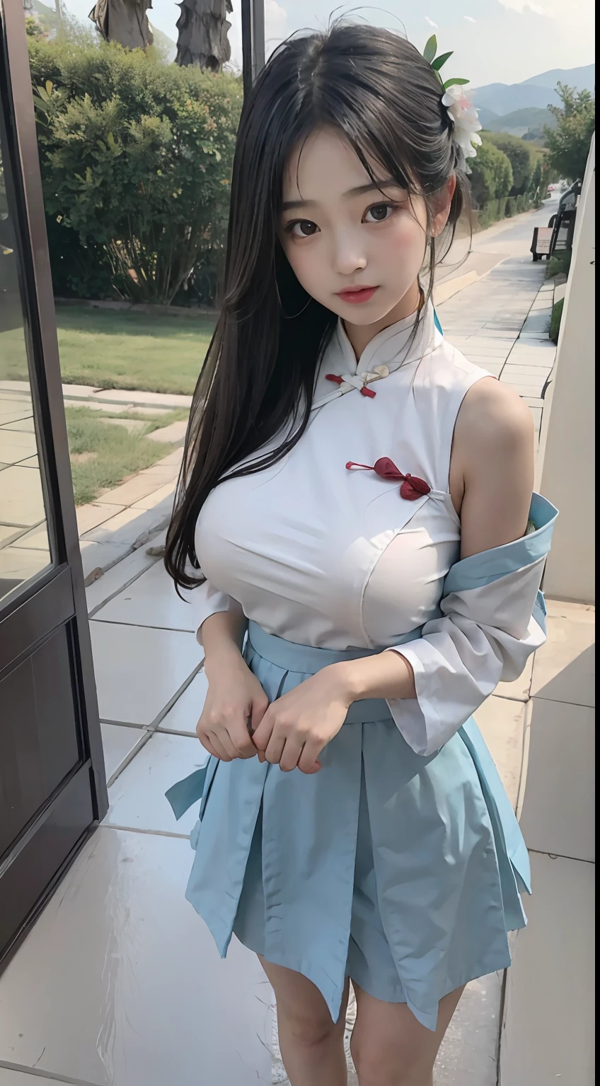 Master quality, highest quality, best picture quality, exaggerated details, a princess cute 8 asian little gth a shy expression, slightly squinted eyes, adjusting her hair, long eyelashes (long hair / very, very exaggerated big breasts, big tits / in hanfu pentticoat thin qipao dress, short skirt), posing in front of the camera, wet throught breast Petticoat