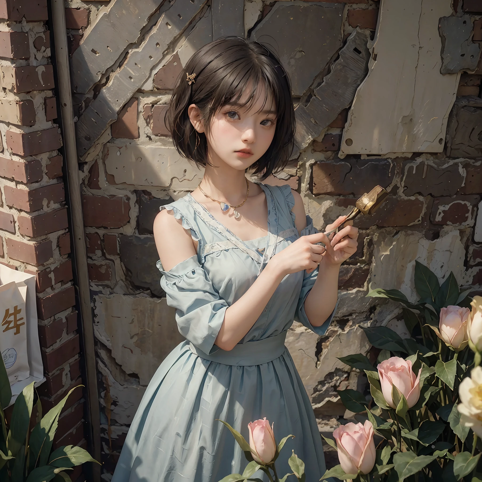 (RAW Photography、top-quality)、(realisitic、Photorealsitic:1.3)、top-quality、high-detail、masterpiece、ultra-detailliert、illustratio、1girl、((very_short_hair))、dynamic ungle、world masterpiece theater、((Regular hairstyle))、top-quality、the Extremely Detailed CG Unity 8K Wallpapers、inky、magnifica、电影灯光、lens_flare、dunhuang_style、Brick Wall、vases