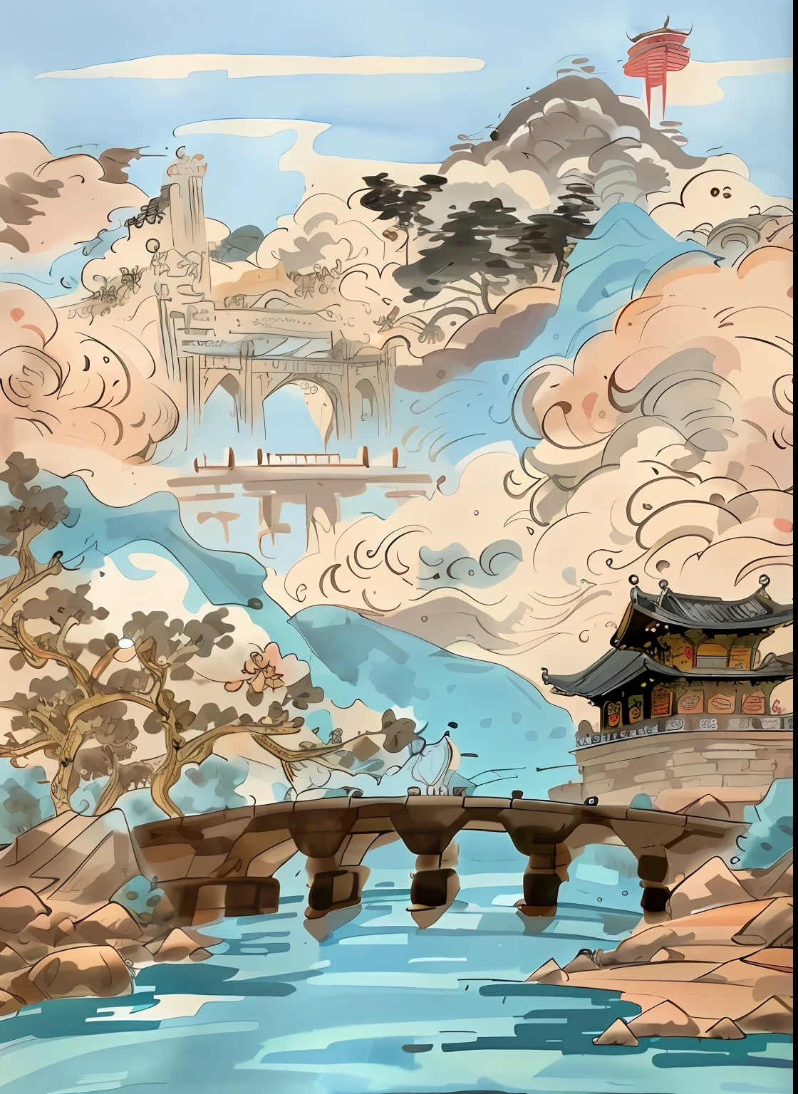 Painting of a bridge over the river，In the background is a pagoda, Chinese watercolor style, dreamy Chinese towns, digital painting of a pagoda, Chinese landscape, A beautiful artwork illustration, background depicting a temple, Chinese style painting, Chinese painting style, dreamland of chinese, Onmyoji detailed art, Cloud Palace, in the art style of ukiyo - e