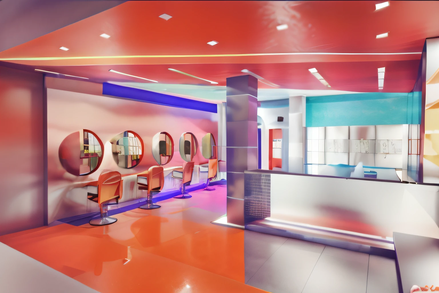 barbershop、Cashier front desk、Interior design、Realistic scenarios、Dopamine color、High saturation of colors、Bright tones、Lively and busy place、Brightly colored balloons、Gorgeous flowers、poster for、vibrant scene。