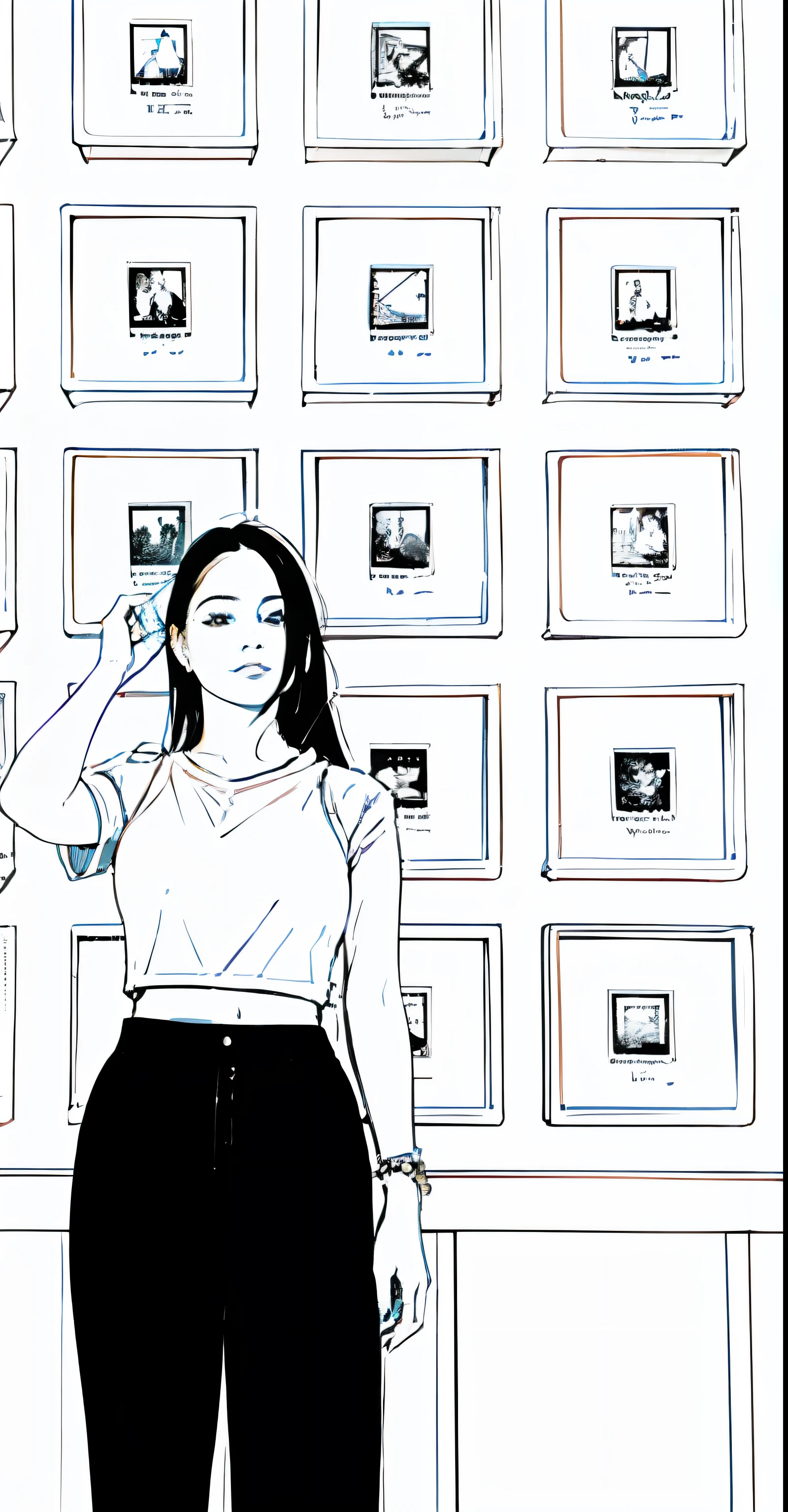 A cute girl wearing blue croptop, long black hair, standing in front of a wall with pictures, lineart, monochrome,