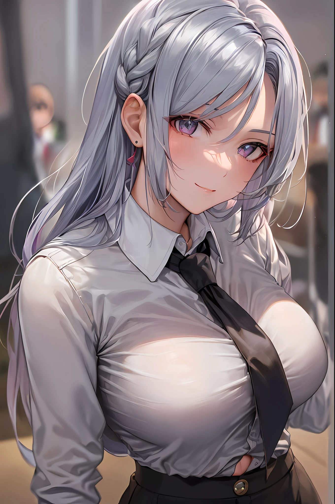 ((masterpiece)), (best quality), beautiful, extremely detailed face, perfect lighting,ultra-detailed,((expressionless)),((cold attitude)),((tsurime)),((tareme)),breasts,((Mature female)),((Shenhe, long hair, smile, bangs, (big breasts:1.2), (purple eyes:1.2), braid, silver hair, braided ponytail, ringed eyes,
shirt, long sleeves, white shirt, necktie, collared shirt, pants, black pants, formal, suit, black necktie, shirt tucked in, office lady,
Perfect female body,(slim waist),abdominal muscles,linea alba,
1girl, (multiple penises:1.0), (surrounded:1.0), (too_many:1.0), (multiple boys:1.0), face, close-up, on face,,