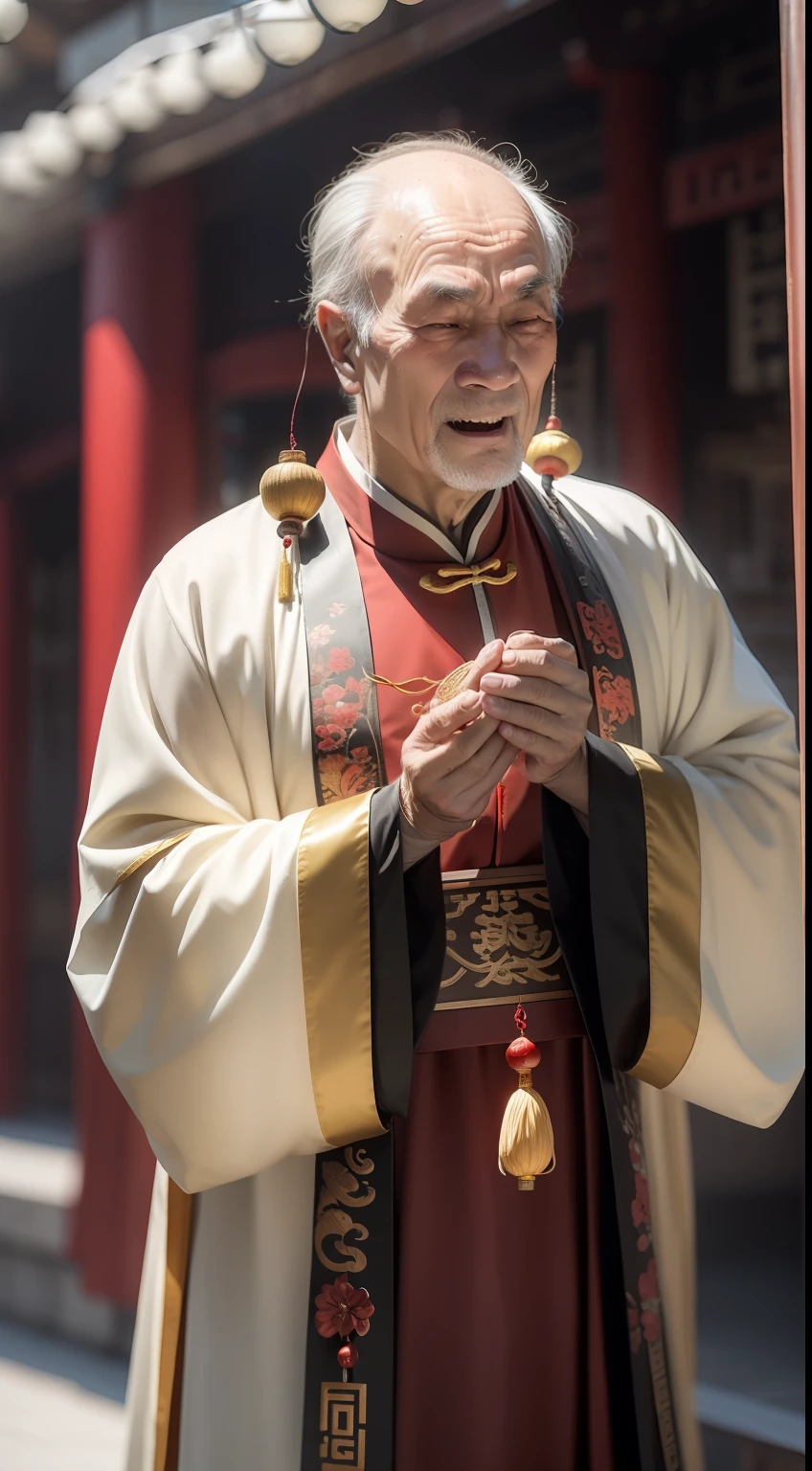 Han Chinese，A balding old man wearing a traditional Chinese cassock，Holding a handful of gold ingots，red colour，jubilation，a cassock，Temple，k hd，真实感，超高分辨率，Prayer beads，fortune，fortune，Wishing you prosperity