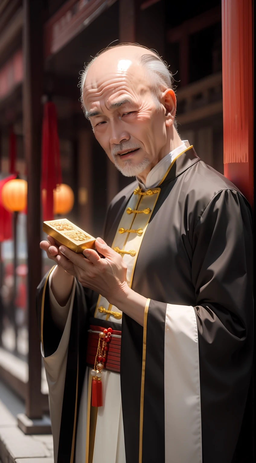 Han Chinese,A balding old man wearing a traditional Chinese cassock,Holding a handful of gold ingots,red colour,jubilation,a cassock,Temple,k hd,真实感,超高分辨率,Prayer beads,fortune,fortune,Wishing you prosperity