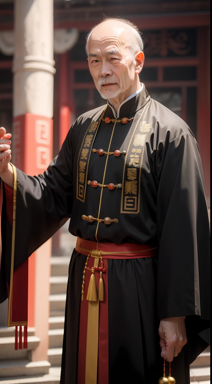Han Chinese,A balding old man wearing a traditional Chinese cassock,Holding a handful of gold ingots,red colour,jubilation,a cassock,Temple,k hd,真实感,超高分辨率,Prayer beads,fortune,fortune,Wishing you prosperity