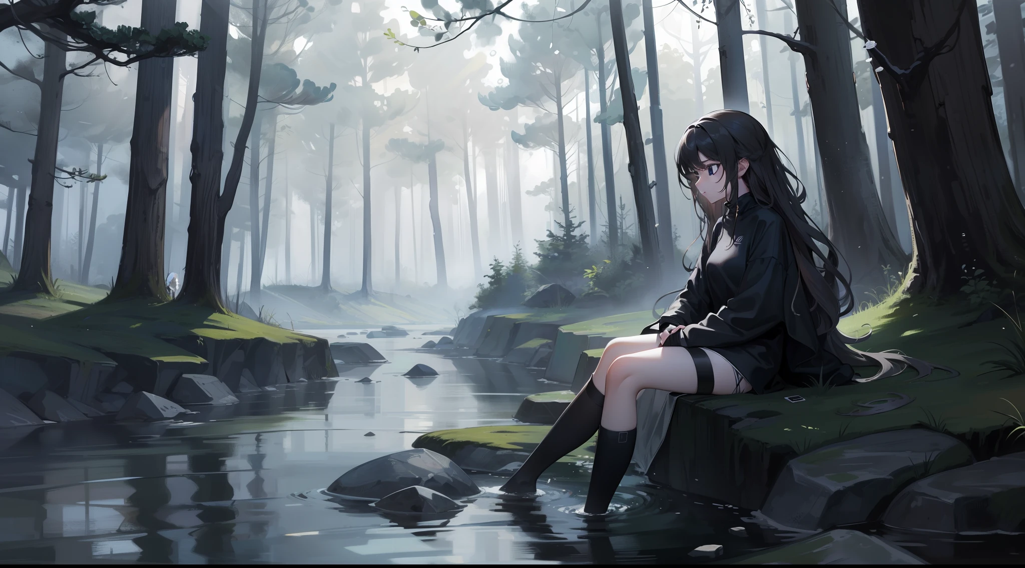 Girl has long wavy hair flowing in the air while she's sitting on a rock in a river looking sad, she wears black turtleneck. a DARK ATMOSPHERE. Depressed river FULL OF TREES