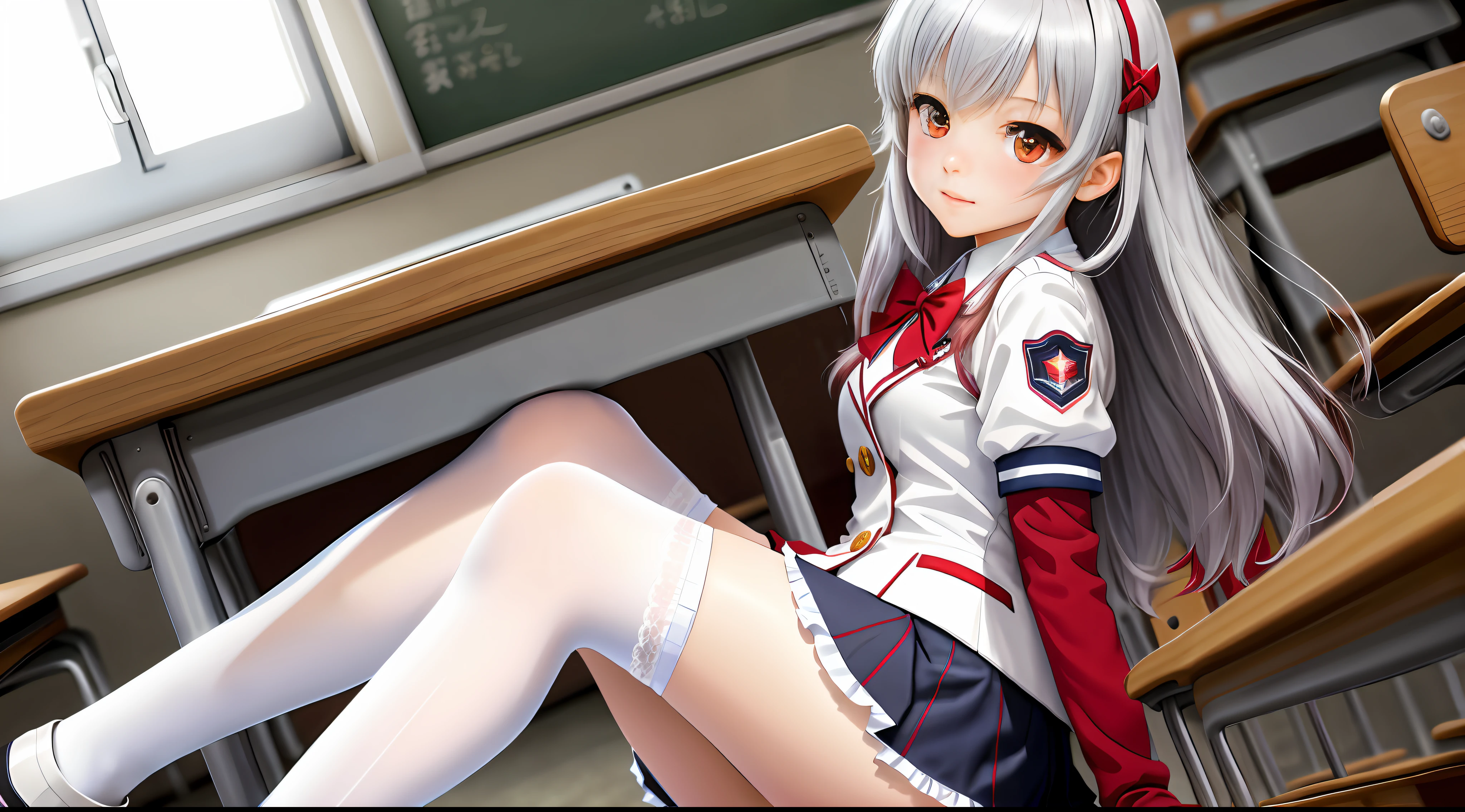 tmasterpiece,one-girl,JK,adolable,best qualtiy,Classroom,eventide,the setting sun,style of anime,quadratic element,White over-the-knee stockings,Ray traching,whaite hair,Red eyes