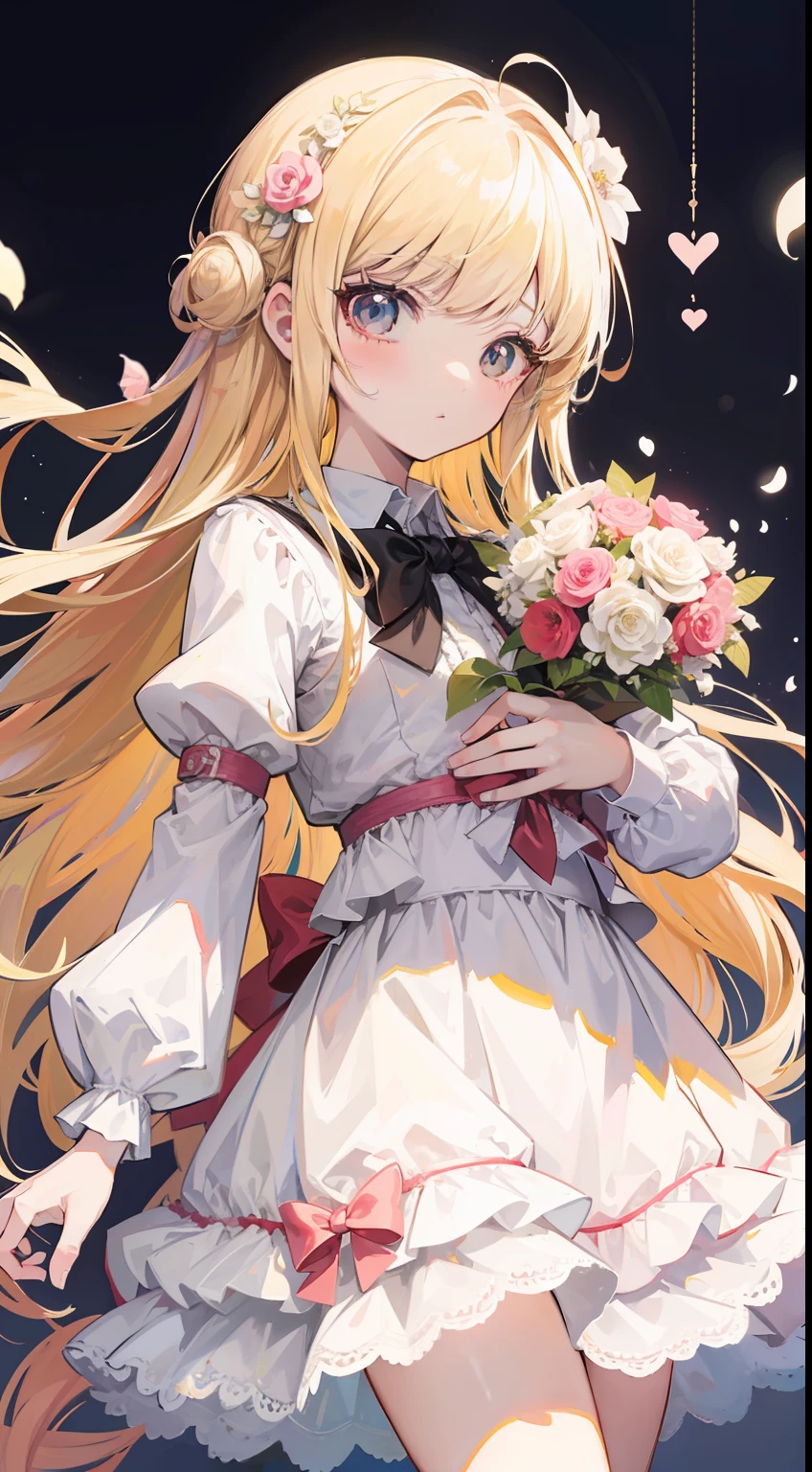 high high quality，tmasterpiece，Delicate facial features，Delicate hair，Delicate eyes，Delicate hair，Romantic girl，Anime shoujo，Close-up of a little girl holding a bouquet of flowers,Long blonde anime girl, Little girl with black eyes，white  skirt，skirt with frills，Lace lace dress，florals, Dreamy style, Fantastic flower garden，soft cute colors, Loli，digital art from danganronpa, Anime little girl, Art anime illustration，Cute style illustration，8K high quality detailed art（Delicate facial portrayal）（Fine hair portrayal）（highest  quality）（Master masterpieces）（High degree of completion）（a sense of atmosphere）8k wallpaper，tmasterpiece，Best quality at best，ultra - detailed