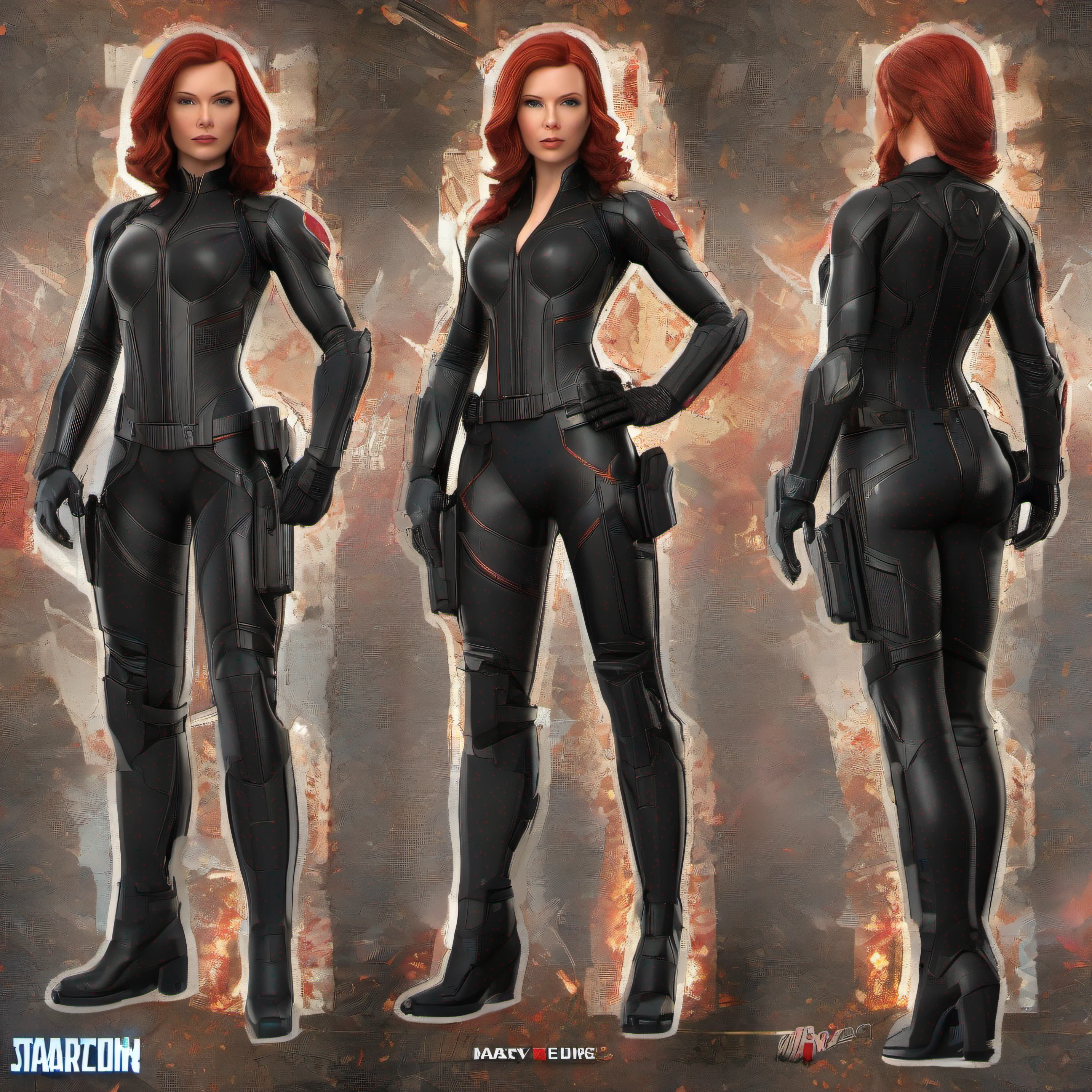 majestic, ultra-quality, ((realistic:1.3)), RAW photo, super detailed, light strobe, best quality, (ActionFigureQuiron style), solo, Black Widow (Marvel Comics): Black Widow's sleek black suit, red hair, and combat skills make her a fierce and empowering character to cosplay., box art,action figure box, weapon, no humans, (reference sheet:1.4), power armor, concept art,