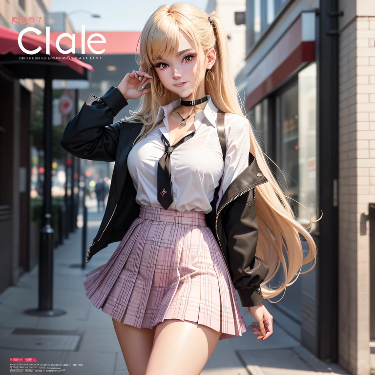 masterpiece, best quality, full body, 1girl, bangs, black choker, black necktie, blonde hair, blue skirt, blush, bracelet, breasts, choker, clothes around waist, collarbone, collared shirt, cowboy shot, dress shirt, ear piercing, eyebrows visible through hair, gradient hair, grin, gyaru, jewelry, kogal, long hair, looking at viewer, loose necktie, necktie, piercing, plaid, plaid skirt, pleated skirt, red eyes, ring, school uniform, shirt, skirt, smile, solo, white shirt, street, sky, cherry blossoms, petals,illustration, (magazine:1.3), (cover-style:1.3), fashionable, woman, vibrant, outfit, posing, front, colorful, dynamic, background, elements, confident, expression, holding, statement, accessory, majestic, coiled, around, touch, scene, text, cover, bold, attention-grabbing, title, stylish, font, catchy, headline, larger, striking, modern, trendy, focus, fashion,