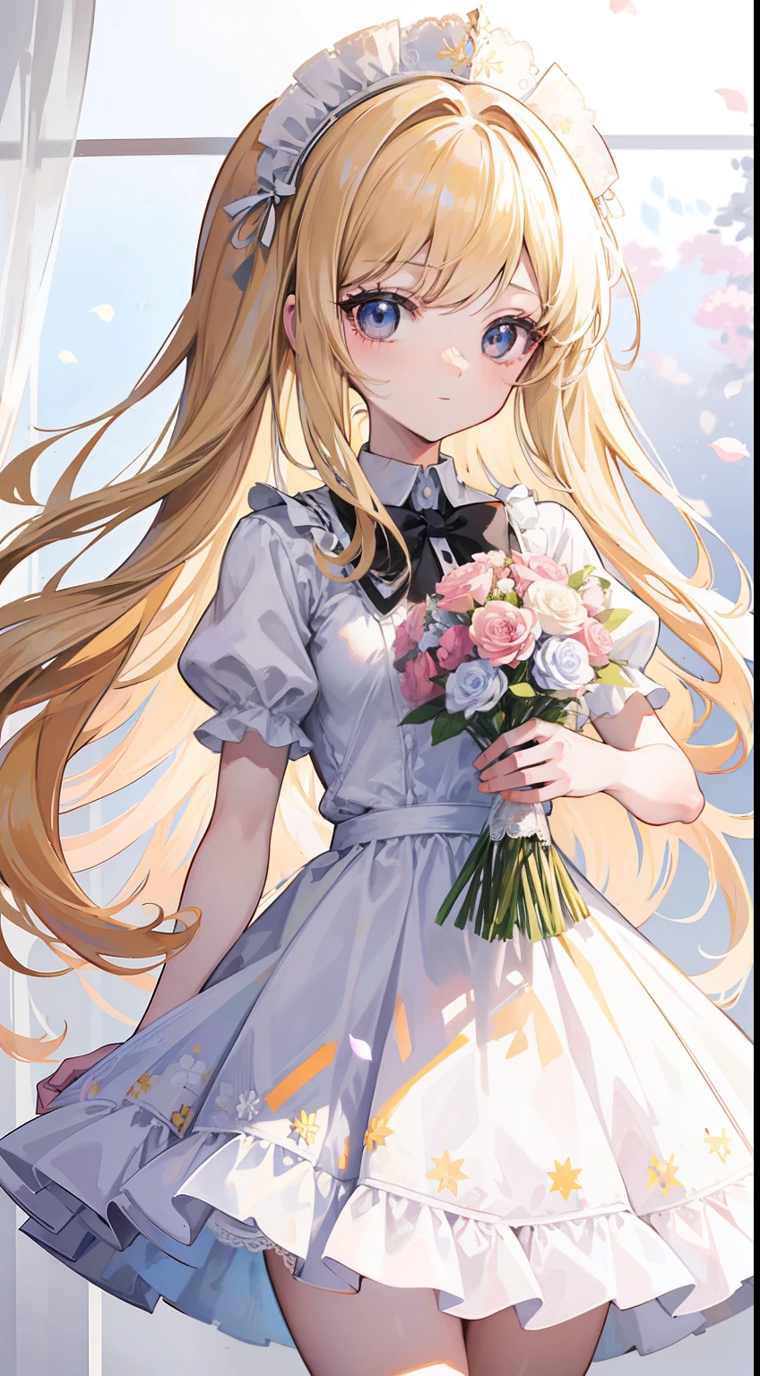 high high quality，tmasterpiece，Delicate facial features，Delicate hair，Delicate eyes，Delicate hair，Romantic girl，Anime shoujo，Close-up of a little girl holding a bouquet of flowers,Long blonde anime girl, Little girl with black eyes，white  skirt，skirt with frills，Lace lace dress，florals, Dreamy style, Fantastic flower garden，soft cute colors, Loli，digital art from danganronpa, Anime little girl, Art anime illustration，Cute style illustration，8K high quality detailed art（Delicate facial portrayal）（Fine hair portrayal）（highest  quality）（Master masterpieces）（High degree of completion）（a sense of atmosphere）8k wallpaper，tmasterpiece，Best quality at best，ultra - detailed