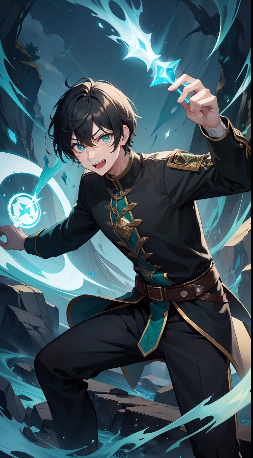 Young guy, short black hair, Cyan eyes, The Dark Wizard's Uncovered Mantle, green fire, Tatoo, Runes, combat stance, Crazy laughter, Masterpiece, hiquality