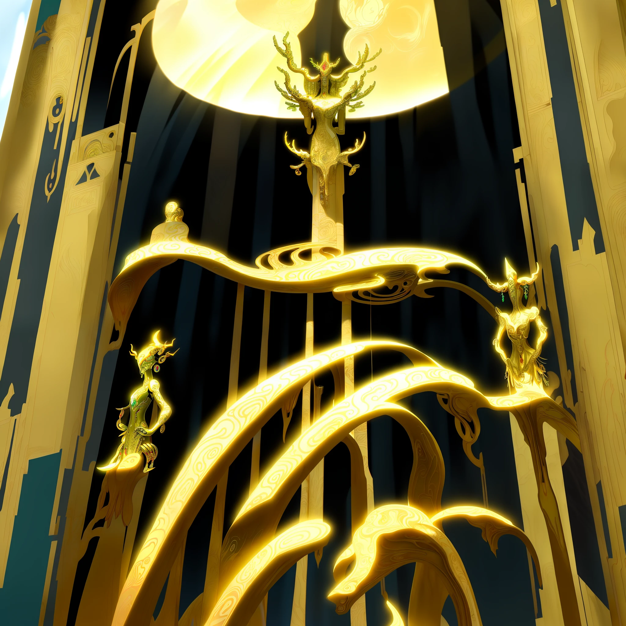 Art Deco shamanic decoration, Protoss, ancient antler deity, the solarpunk phoenix, golden sacred tree, Nine tails, Elemental Guardians of Life, fantasy game spell symbol, Hastur, emblem of wisdom, ancient symbols, ancient symbol behind it