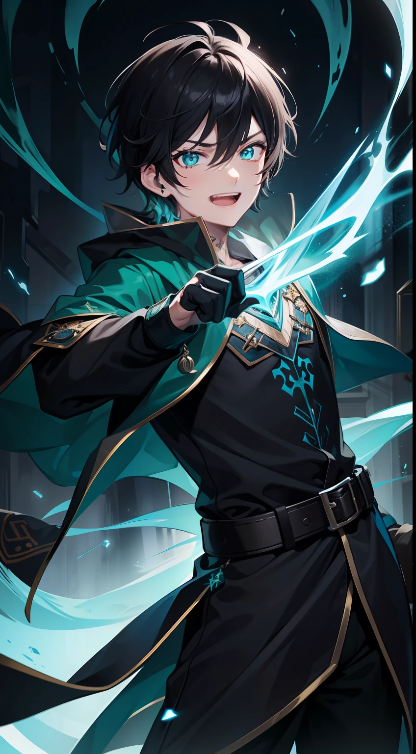 Young guy, short black hair, Cyan eyes, The Dark Wizard's Uncovered Mantle, green fire, Tatoo, Runes, combat stance, Crazy laughter, Masterpiece, hiquality