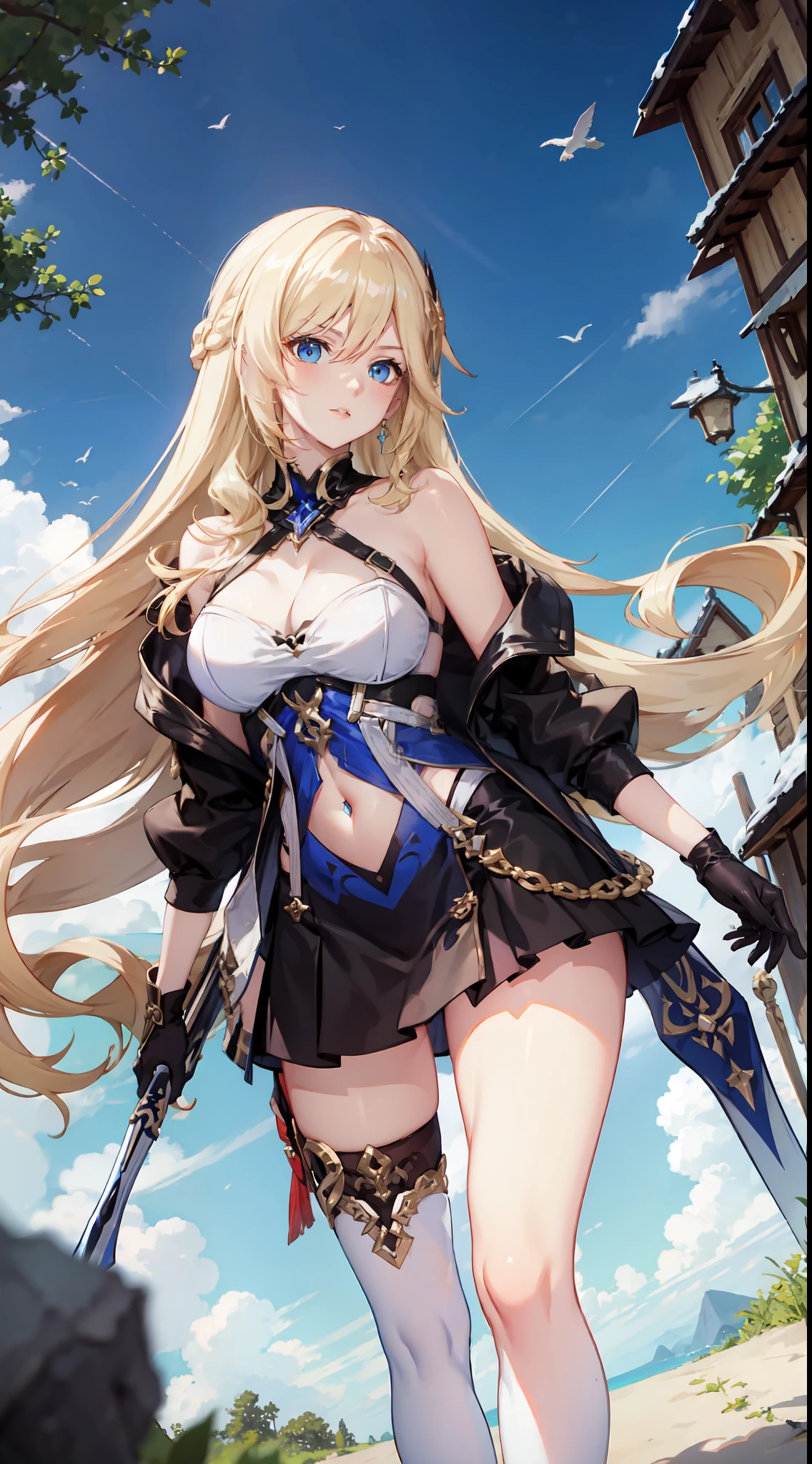 slim legs, cleavage, short skirt, navel, blue eyes, adventurer, thigh high socks, stand, blonde hair, long hair, short skirt, durandal, guild, village